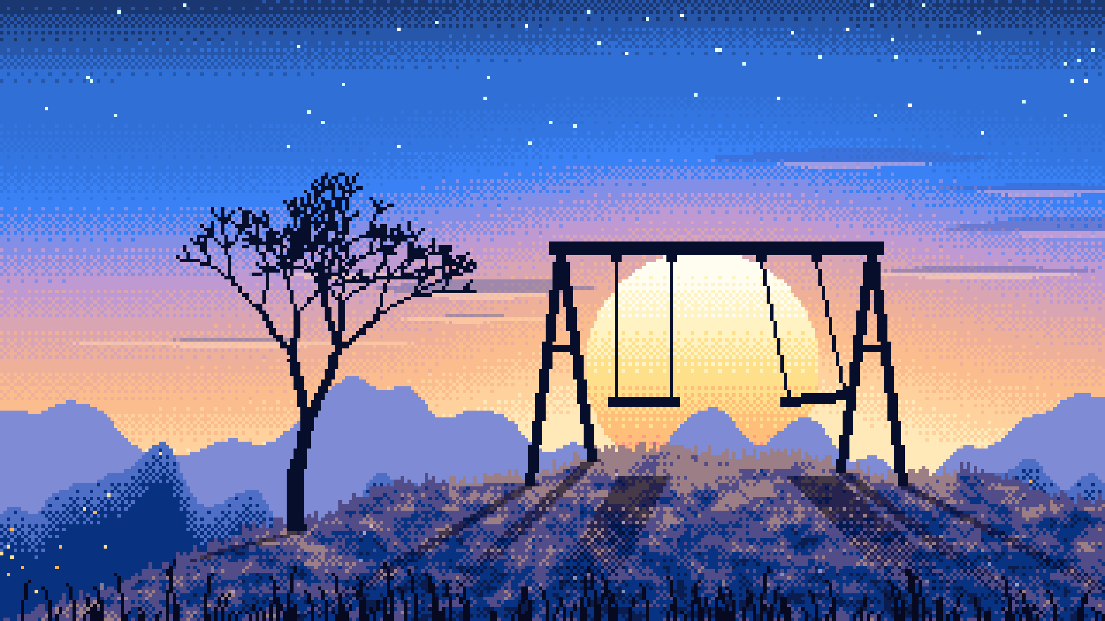 Blue Pixel Art Empty Swing at Dusk desktop wallpaper in 4K