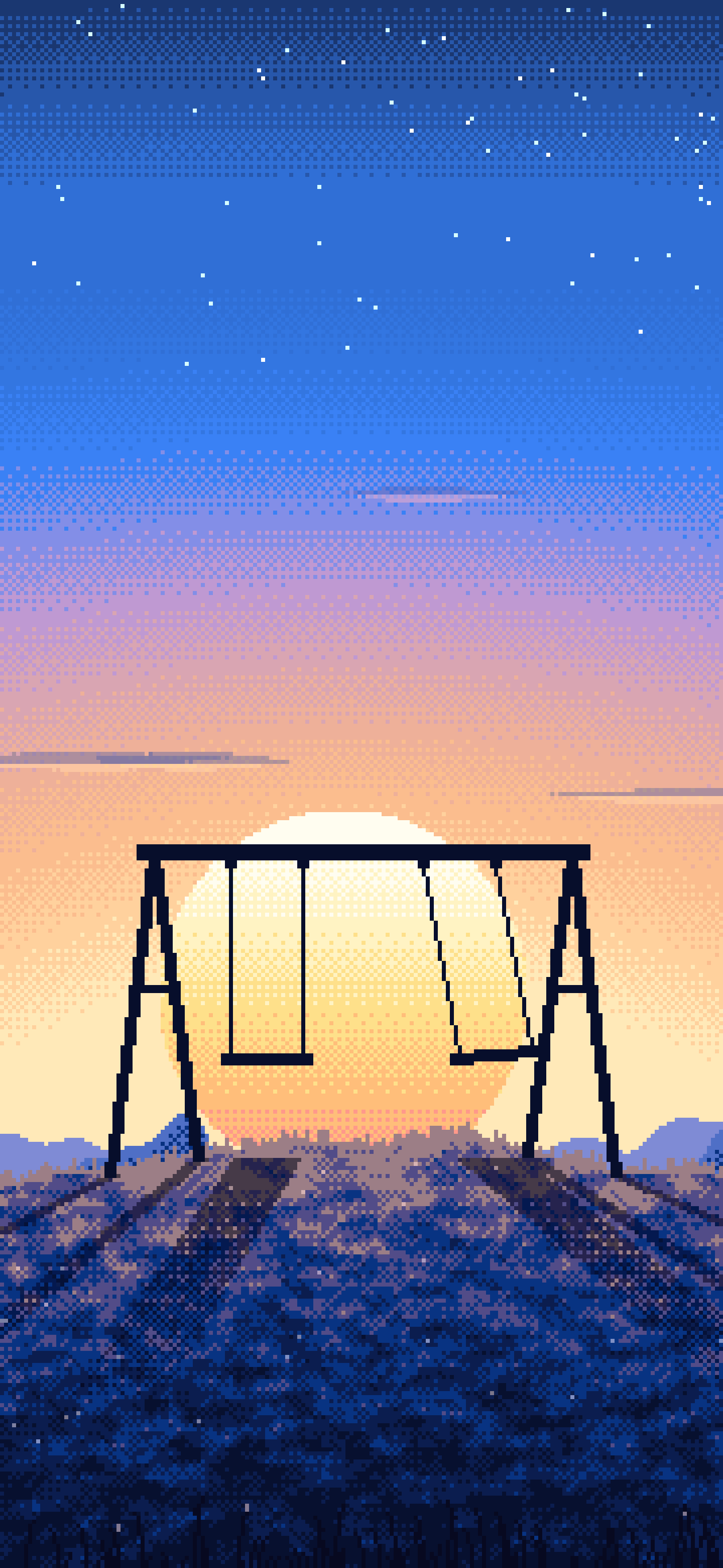 Blue Pixel Art Empty Swing at Dusk wallpaper for iPhone and Android