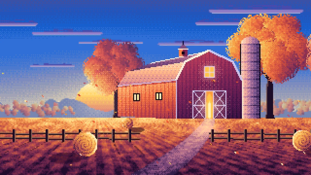 Blue Pixel Art Fall Barn at Sunset desktop wallpaper in 4K