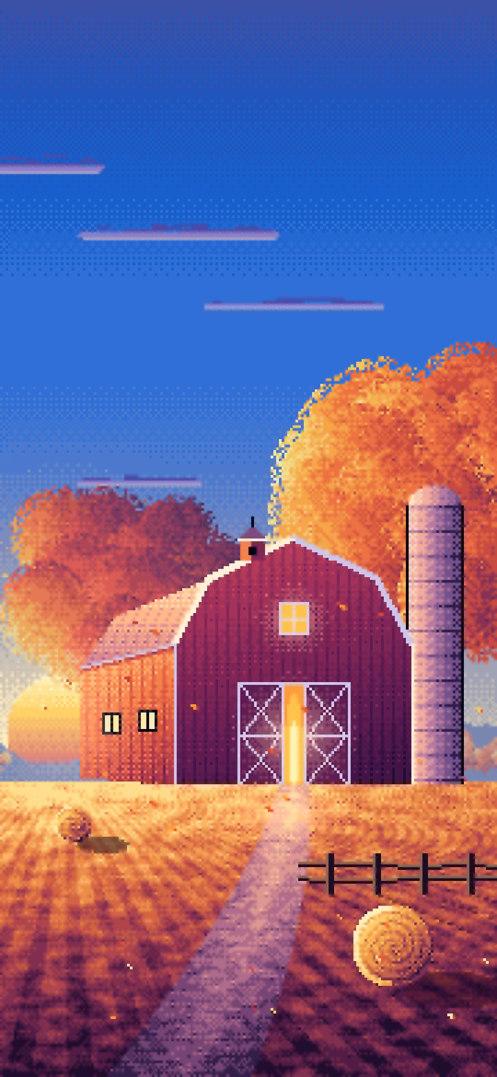 Blue Pixel Art Fall Barn at Sunset wallpaper for iPhone and Android