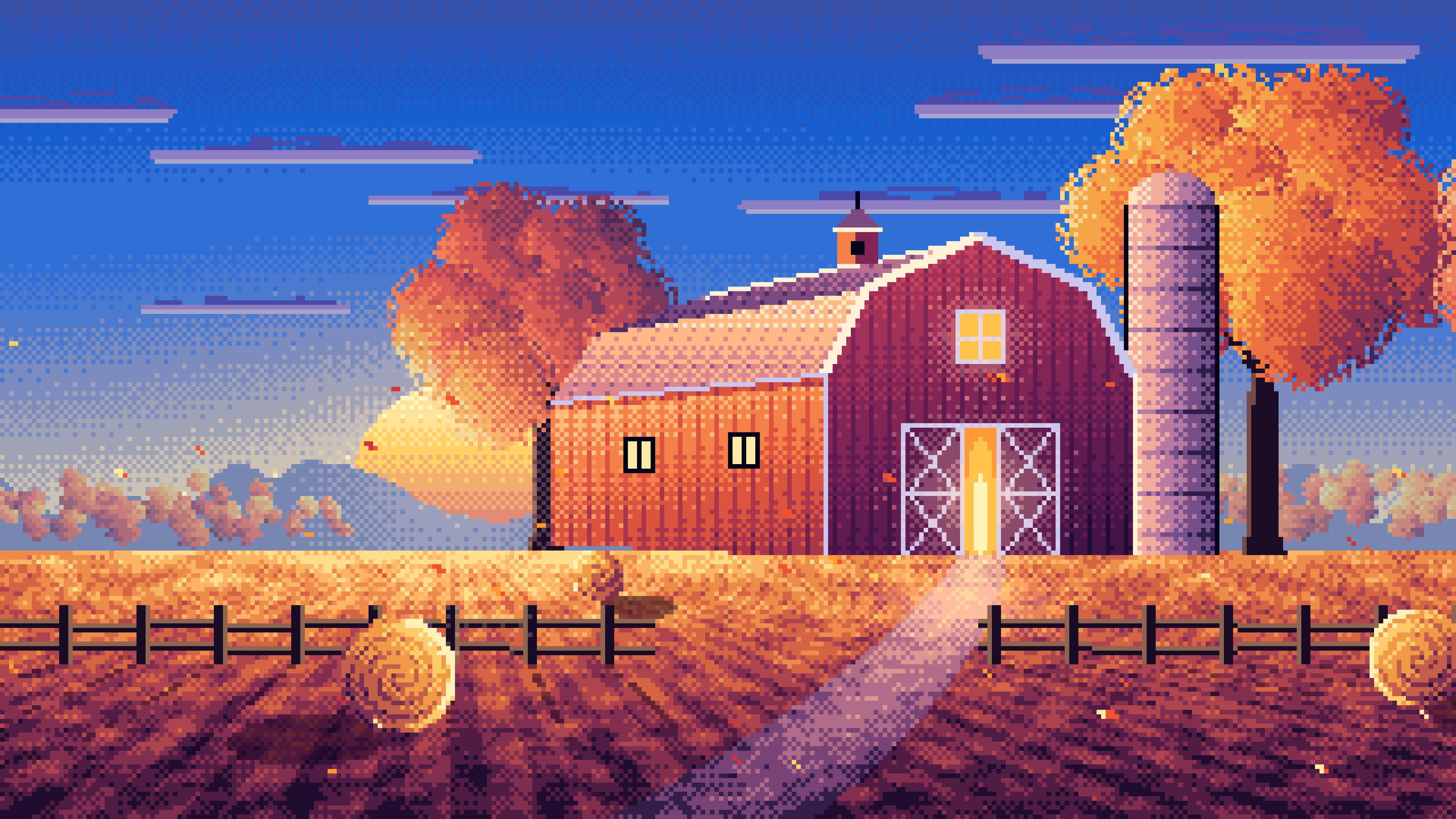 Blue Pixel Art Fall Barn at Sunset desktop wallpaper in 4K