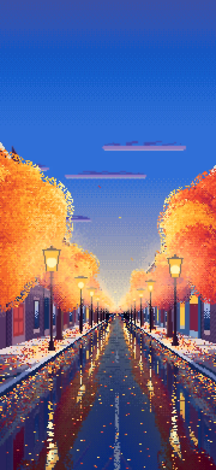 Blue Pixel Art Fall City Street wallpaper for iPhone and Android