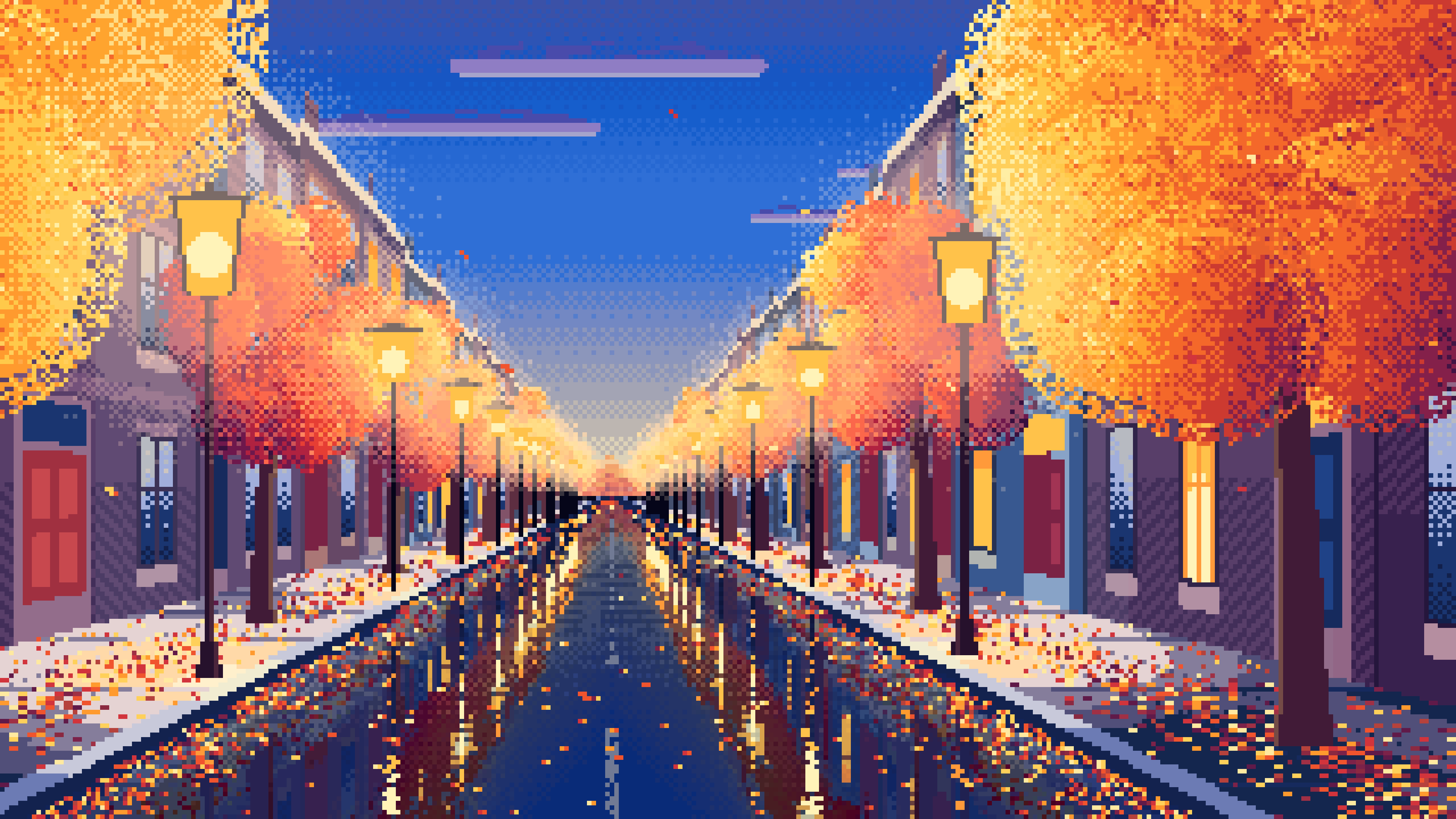 Blue Pixel Art Fall City Street desktop wallpaper in 4K
