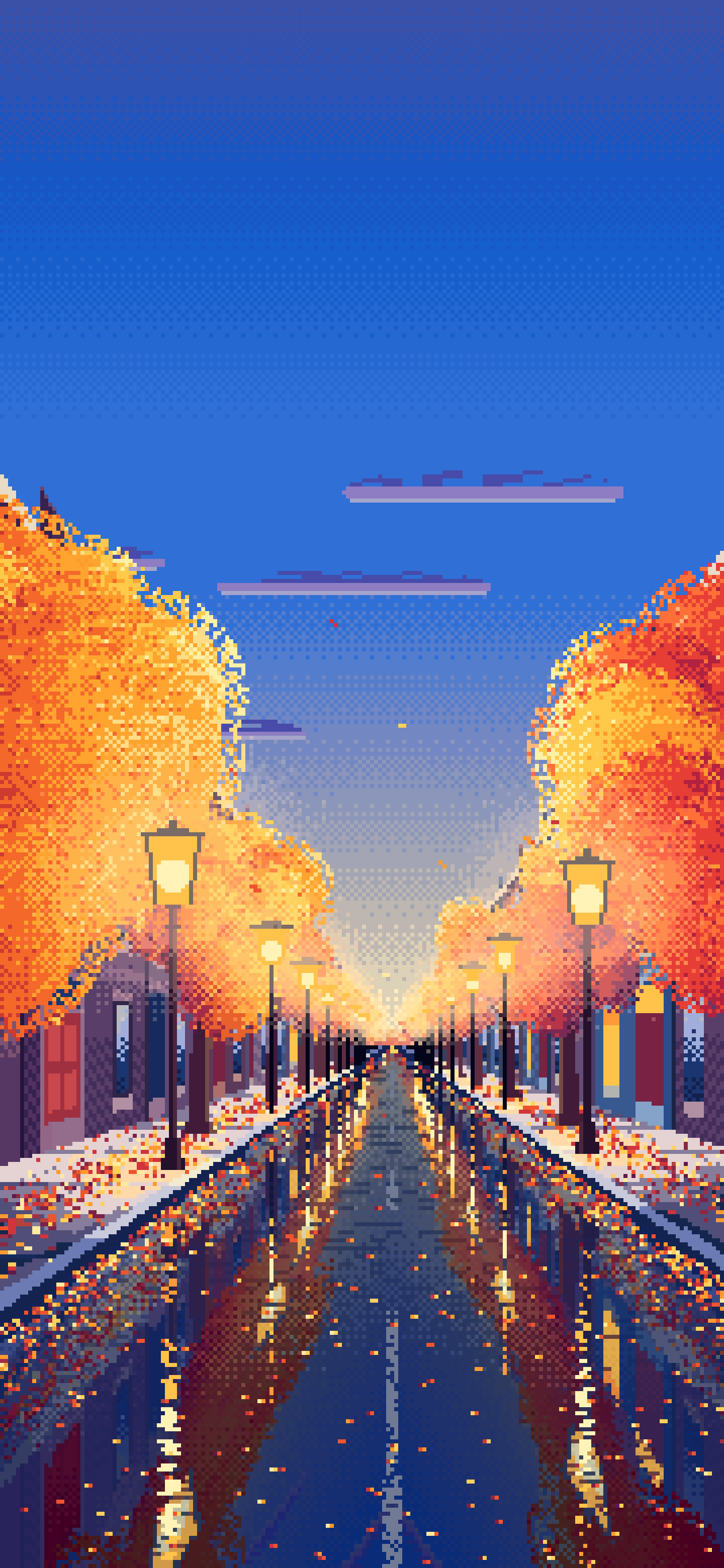 Blue Pixel Art Fall City Street wallpaper for iPhone and Android