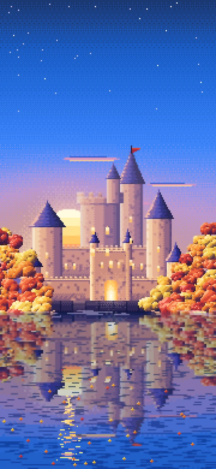 Blue Pixel Art Fall Fantasy Castle on a Lake wallpaper for iPhone and Android