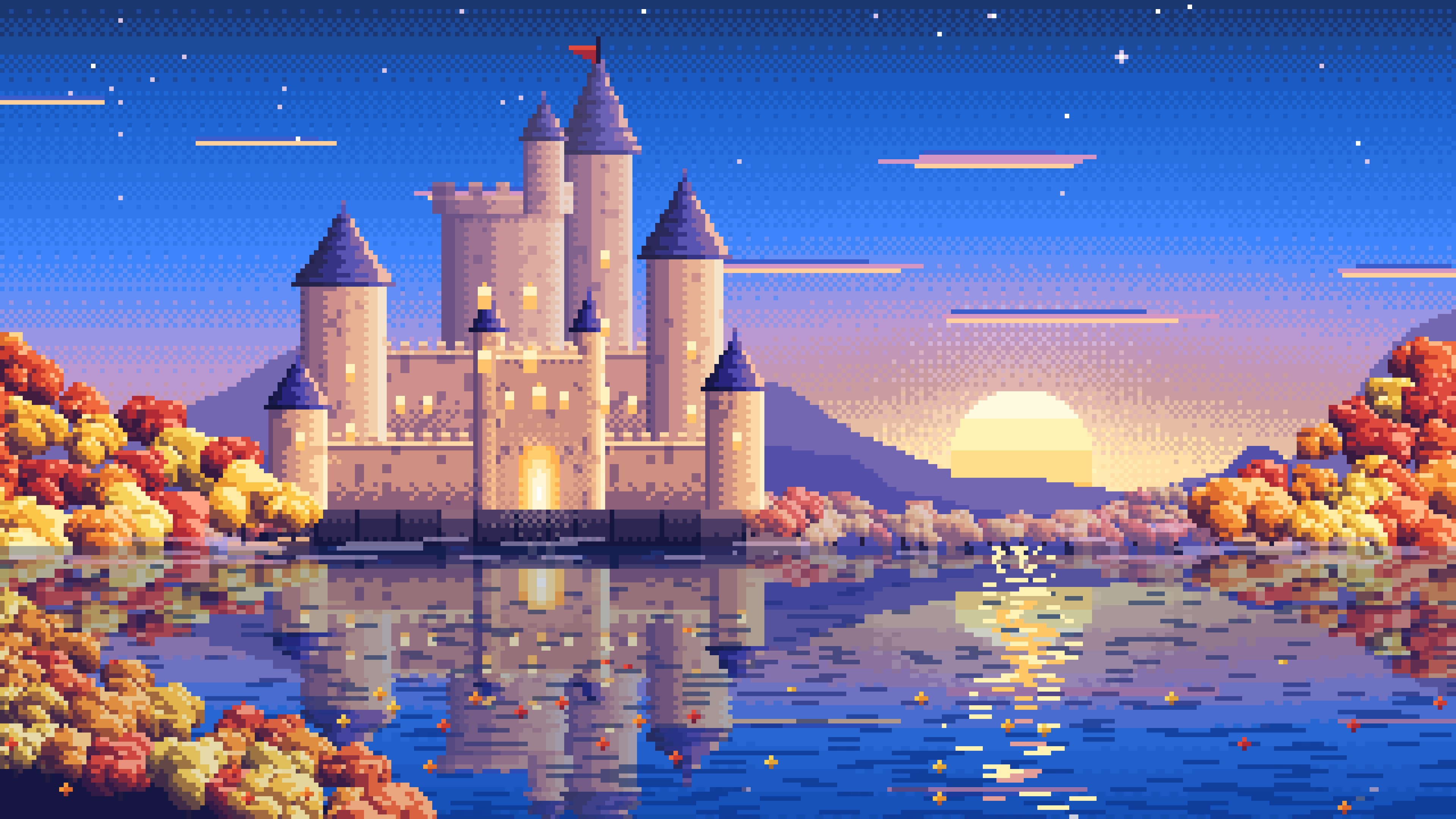 Blue Pixel Art Fall Fantasy Castle on a Lake desktop wallpaper in 4K