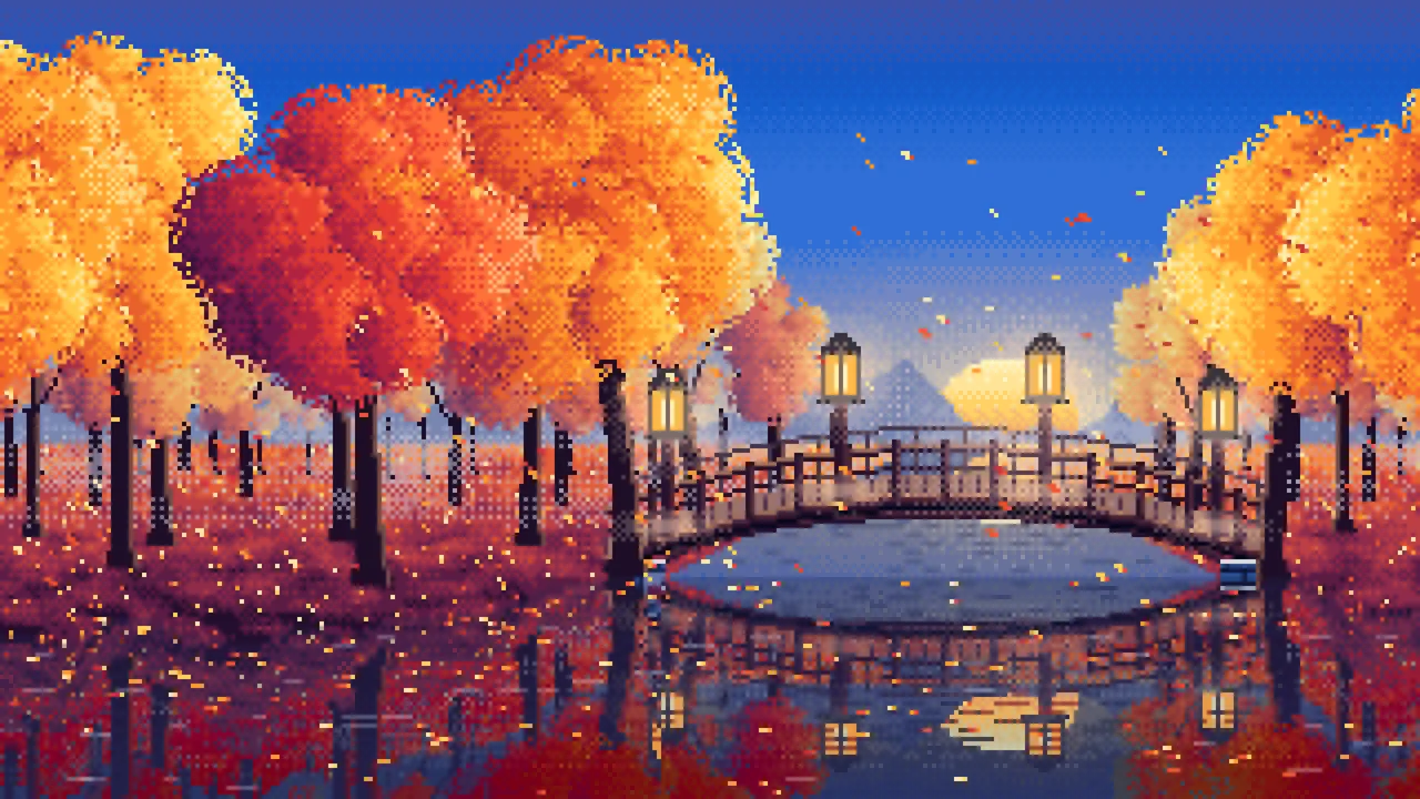 Blue Pixel Art Fall Forest Bridge at Dusk desktop wallpaper in 4K
