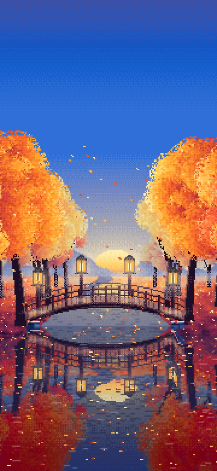 Blue Pixel Art Fall Forest Bridge at Dusk wallpaper for iPhone and Android