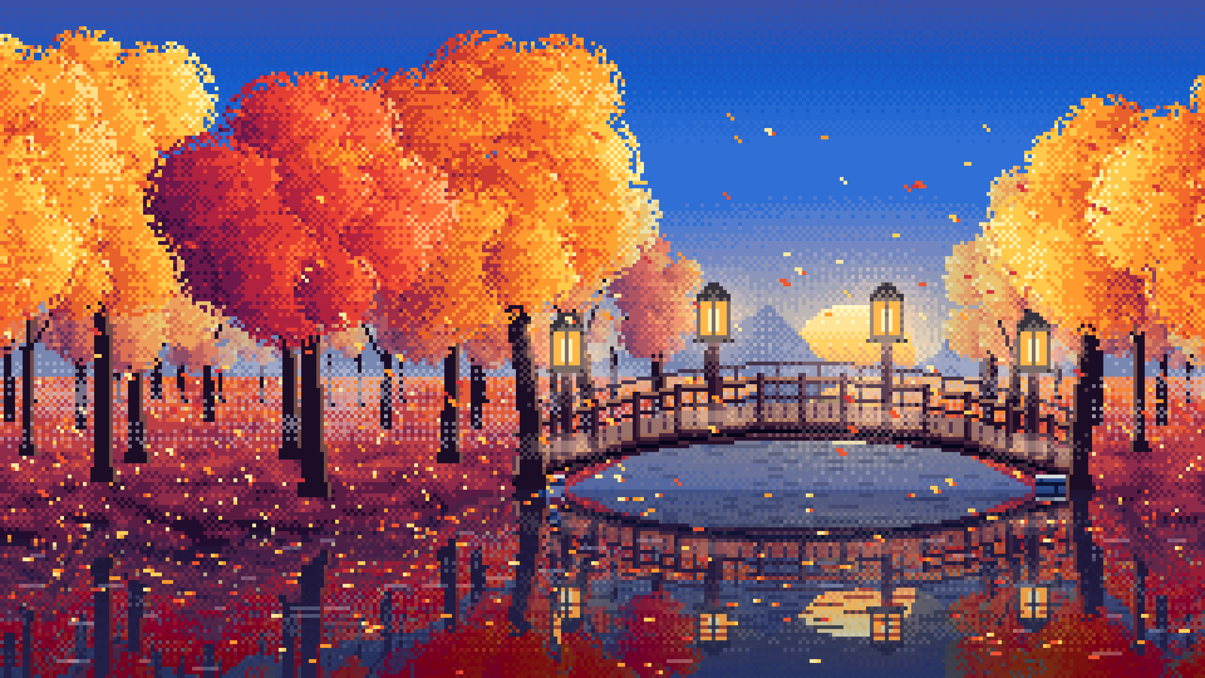 Blue Pixel Art Fall Forest Bridge at Dusk desktop wallpaper in 4K