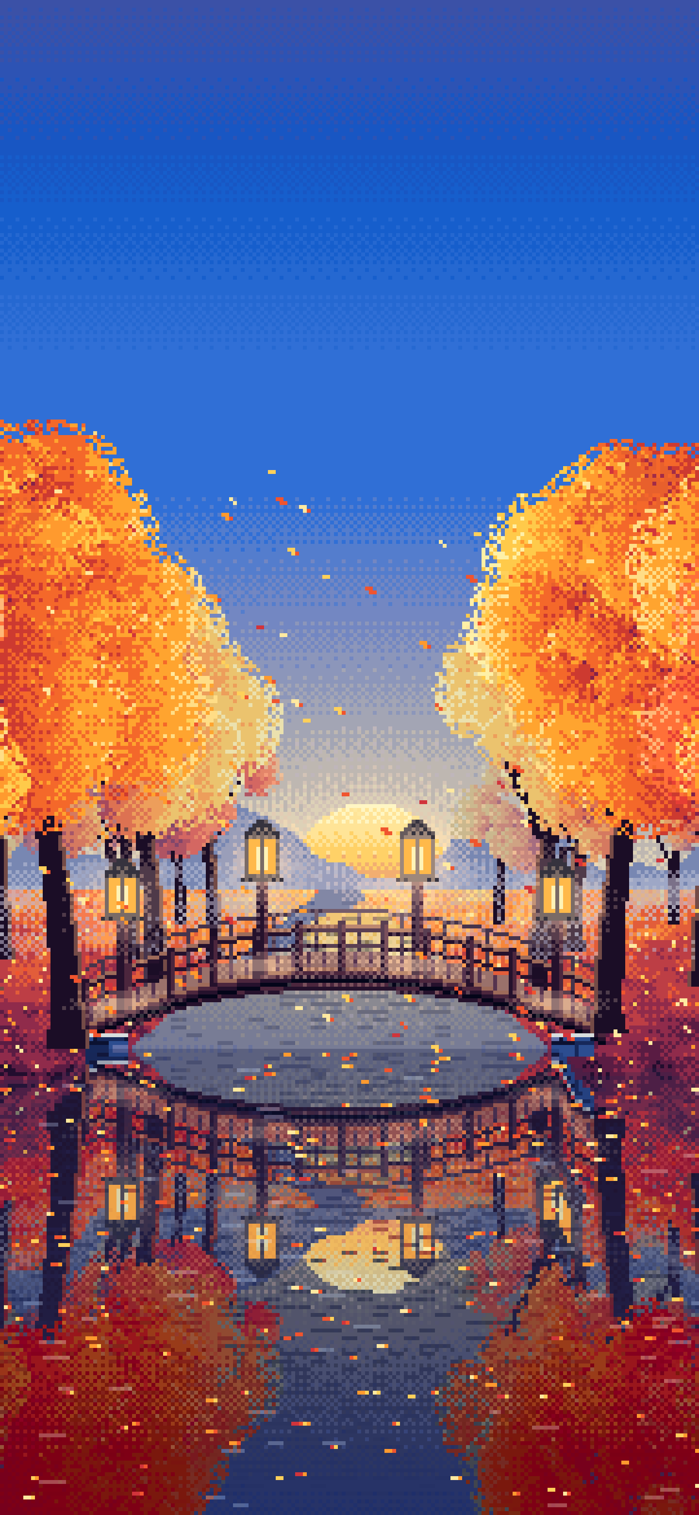Blue Pixel Art Fall Forest Bridge at Dusk wallpaper for iPhone and Android