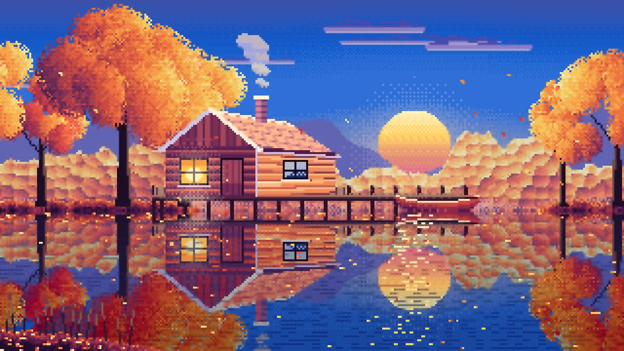 Blue Pixel Art Fall Lake Cabin at Sunset desktop wallpaper in 4K