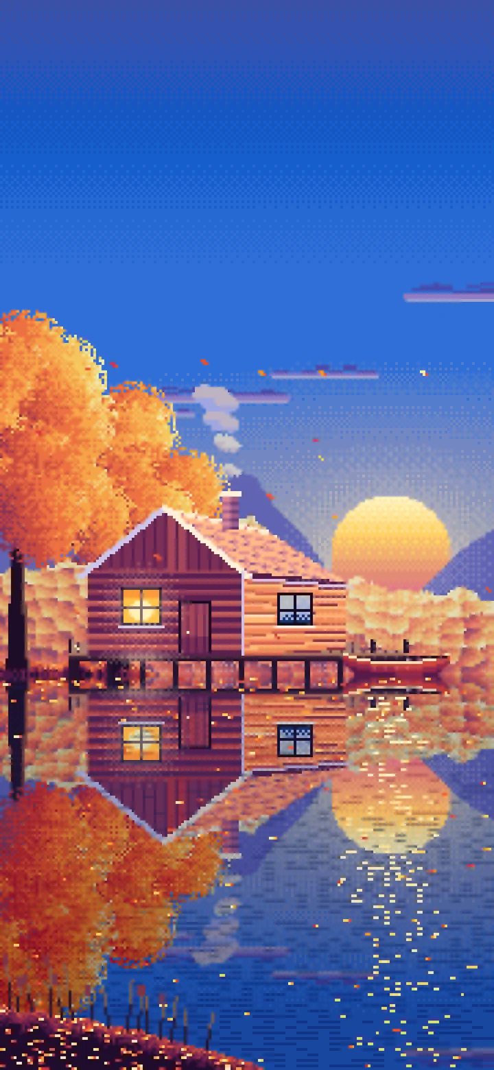 Blue Pixel Art Fall Lake Cabin at Sunset wallpaper for iPhone and Android