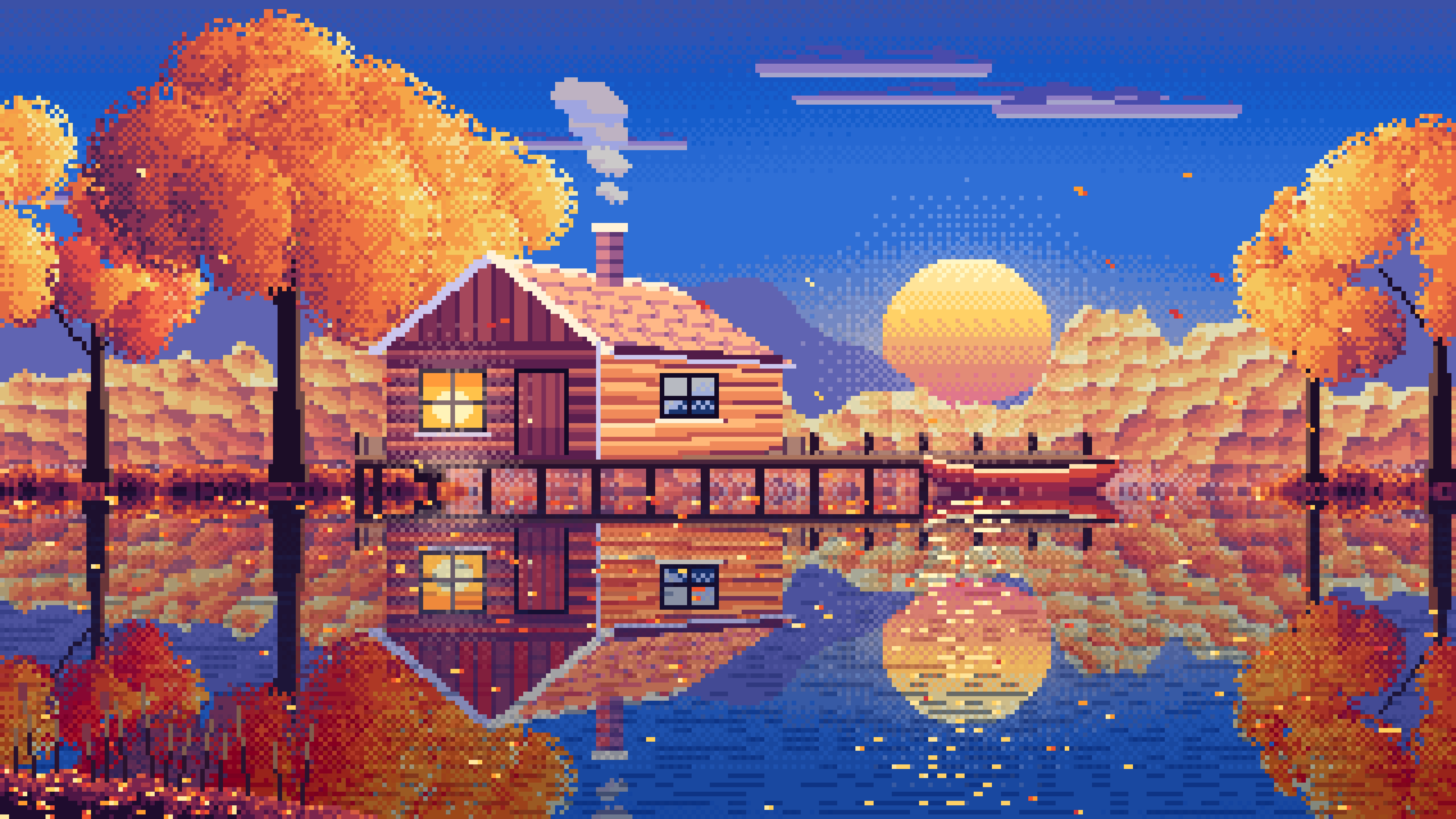 Blue Pixel Art Fall Lake Cabin at Sunset desktop wallpaper in 4K