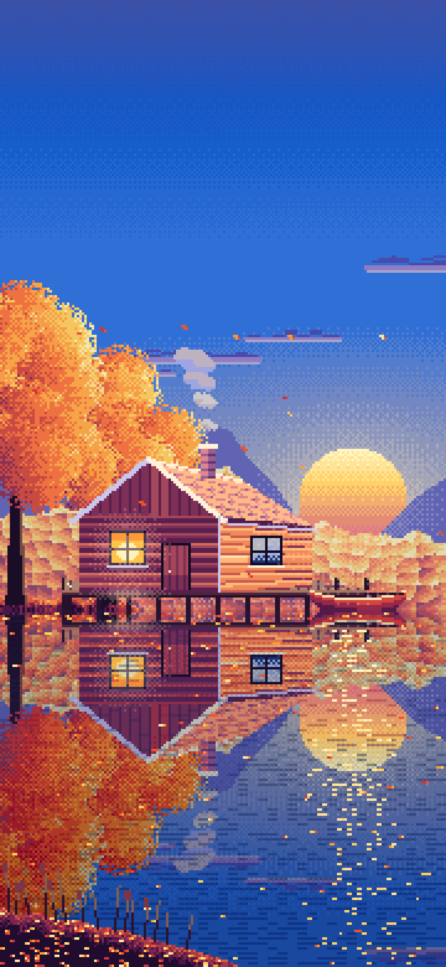 Blue Pixel Art Fall Lake Cabin at Sunset wallpaper for iPhone and Android