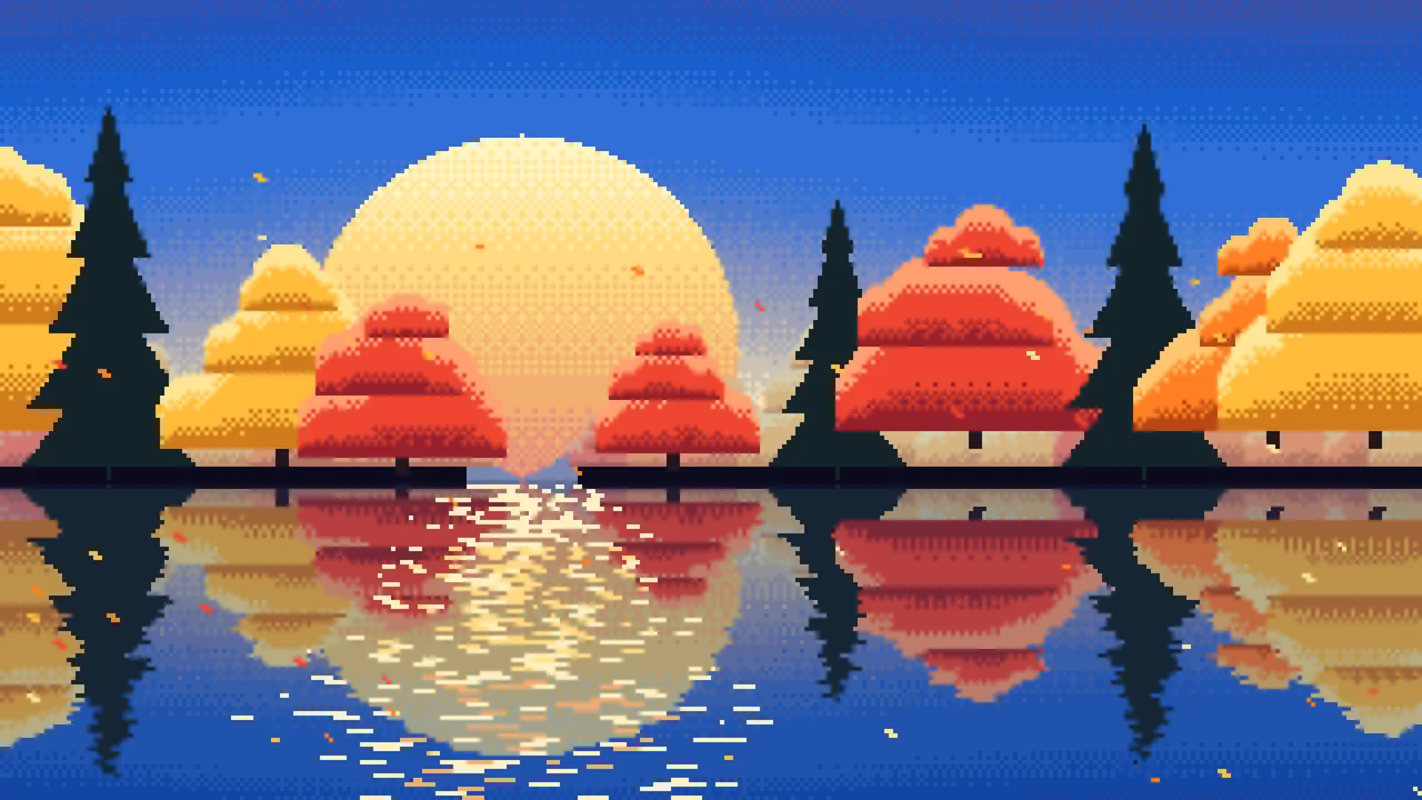 Blue Pixel Art Fall Lake desktop wallpaper in 4K