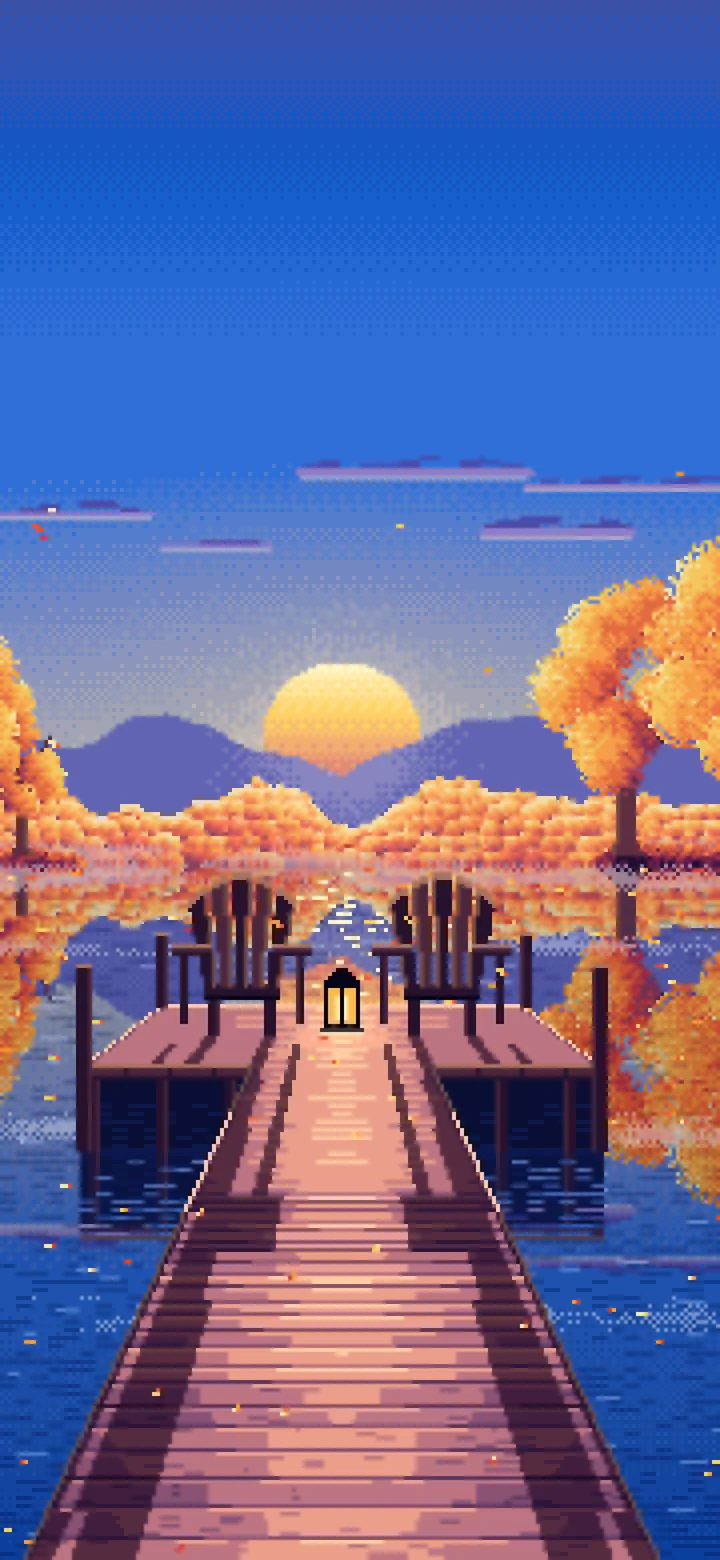 Blue Pixel Art Fall Lake Pier at Sunrise wallpaper for iPhone and Android
