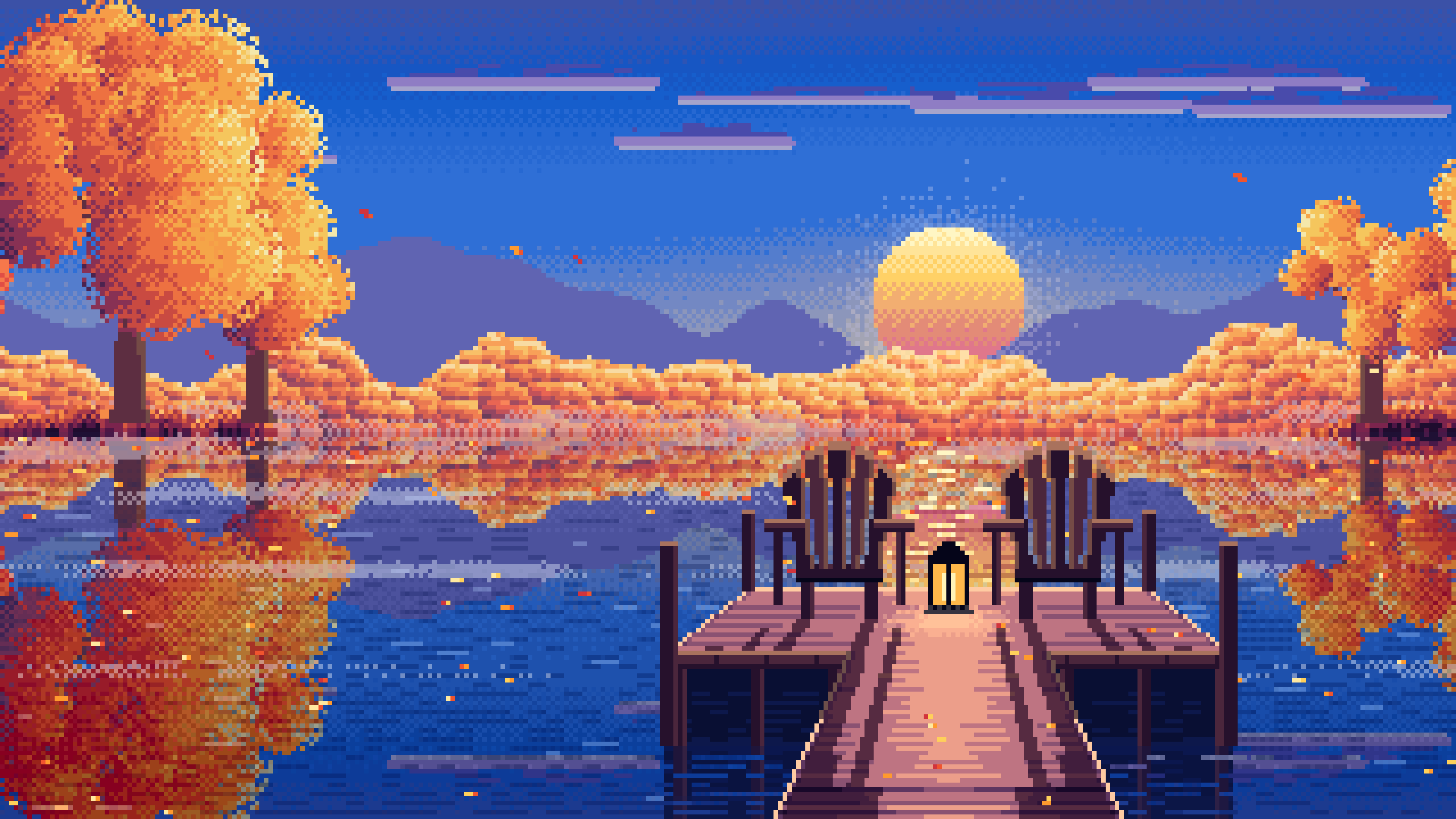 Blue Pixel Art Fall Lake Pier at Sunrise desktop wallpaper in 4K