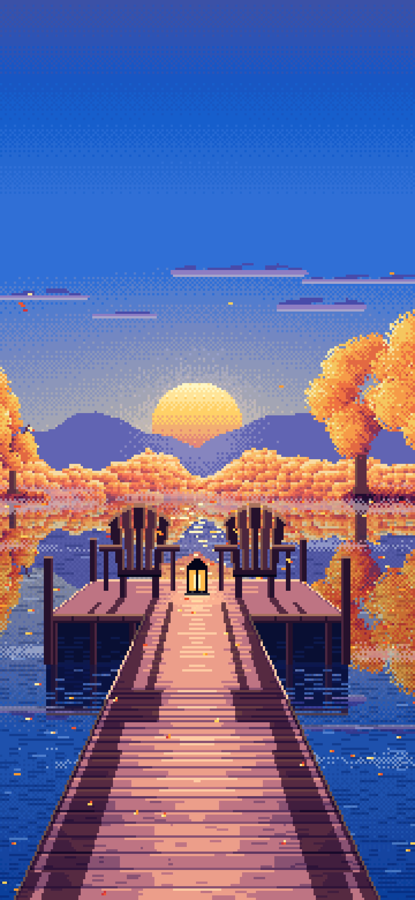 Blue Pixel Art Fall Lake Pier at Sunrise wallpaper for iPhone and Android