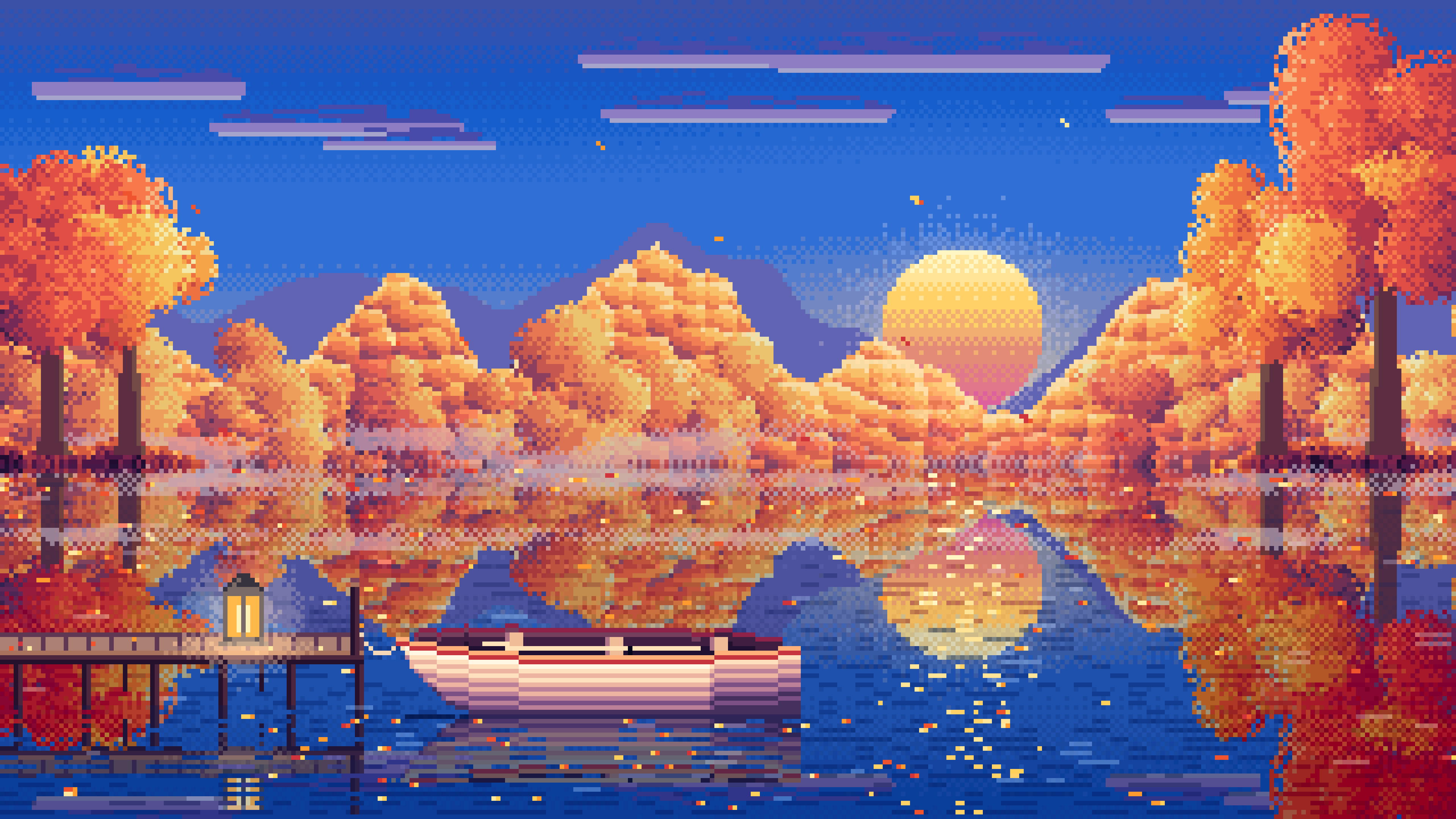 Blue Pixel Art Fall Lake Rowboat desktop wallpaper in 4K