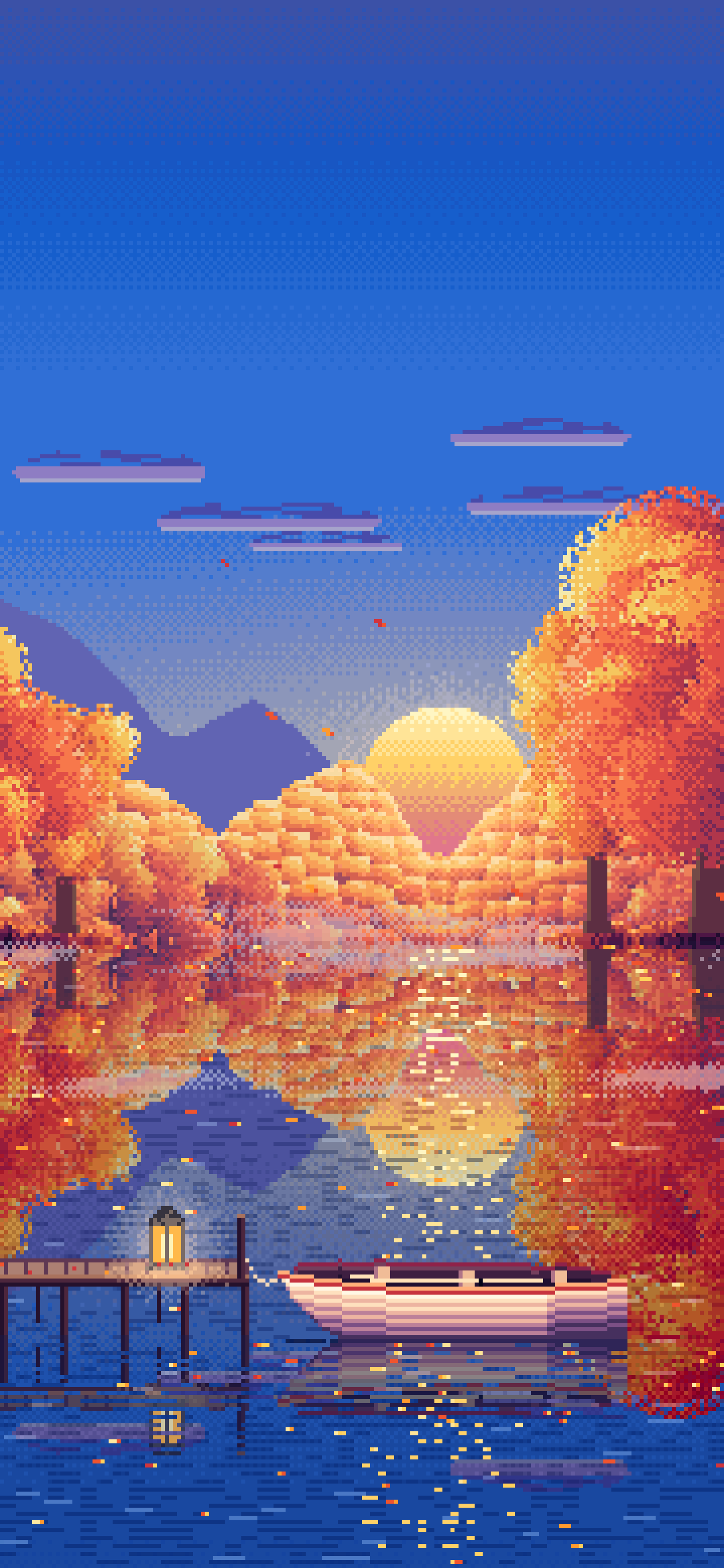 Blue Pixel Art Fall Lake Rowboat wallpaper for iPhone and Android