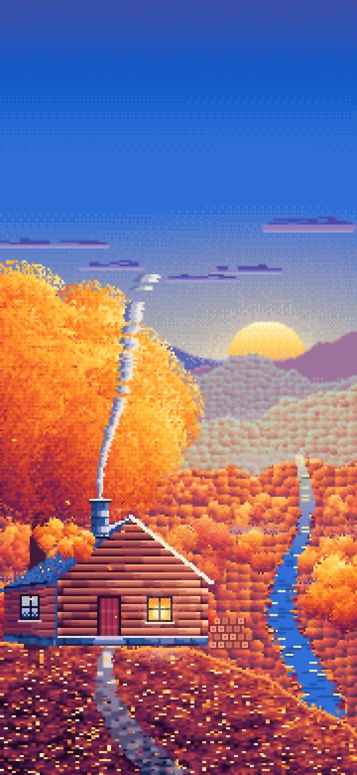 Blue Pixel Art Fall Log Cabin above a Valley wallpaper for iPhone and Android