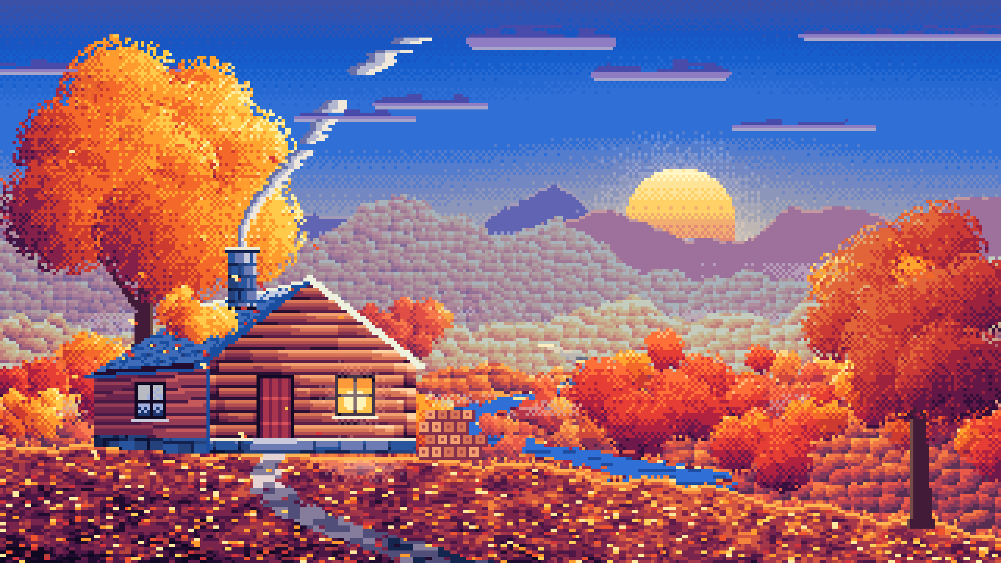 Blue Pixel Art Fall Log Cabin above a Valley desktop wallpaper in 4K
