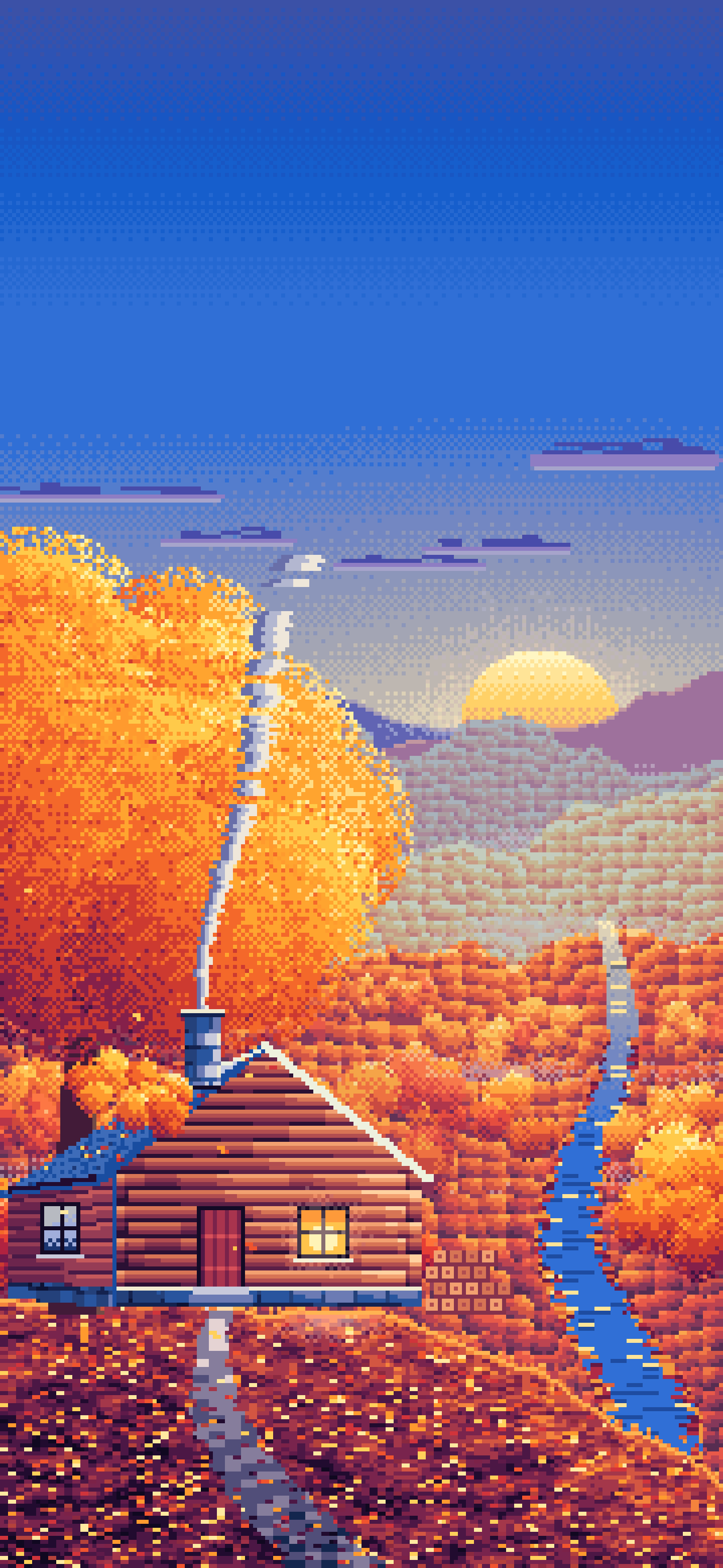 Blue Pixel Art Fall Log Cabin above a Valley wallpaper for iPhone and Android