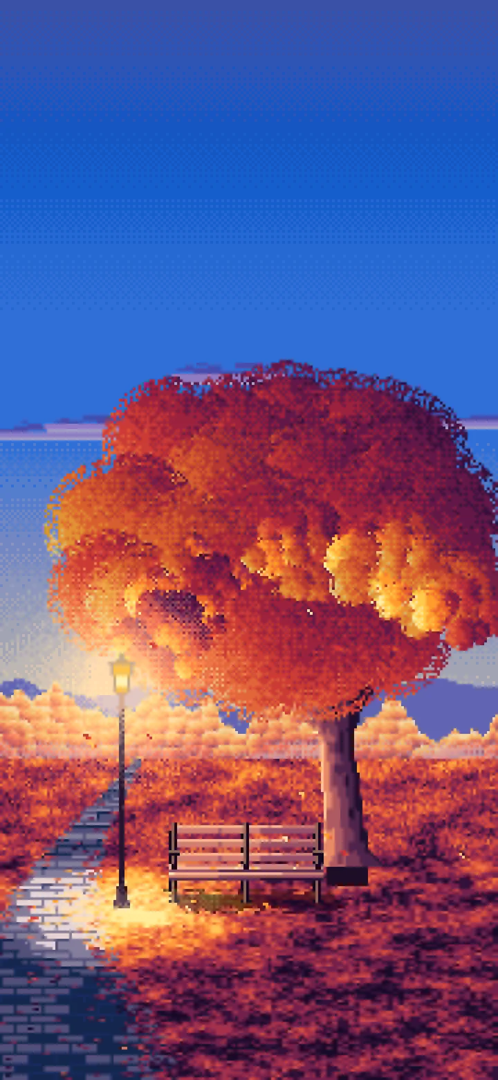 Blue Pixel Art Fall Park Bench wallpaper for iPhone and Android