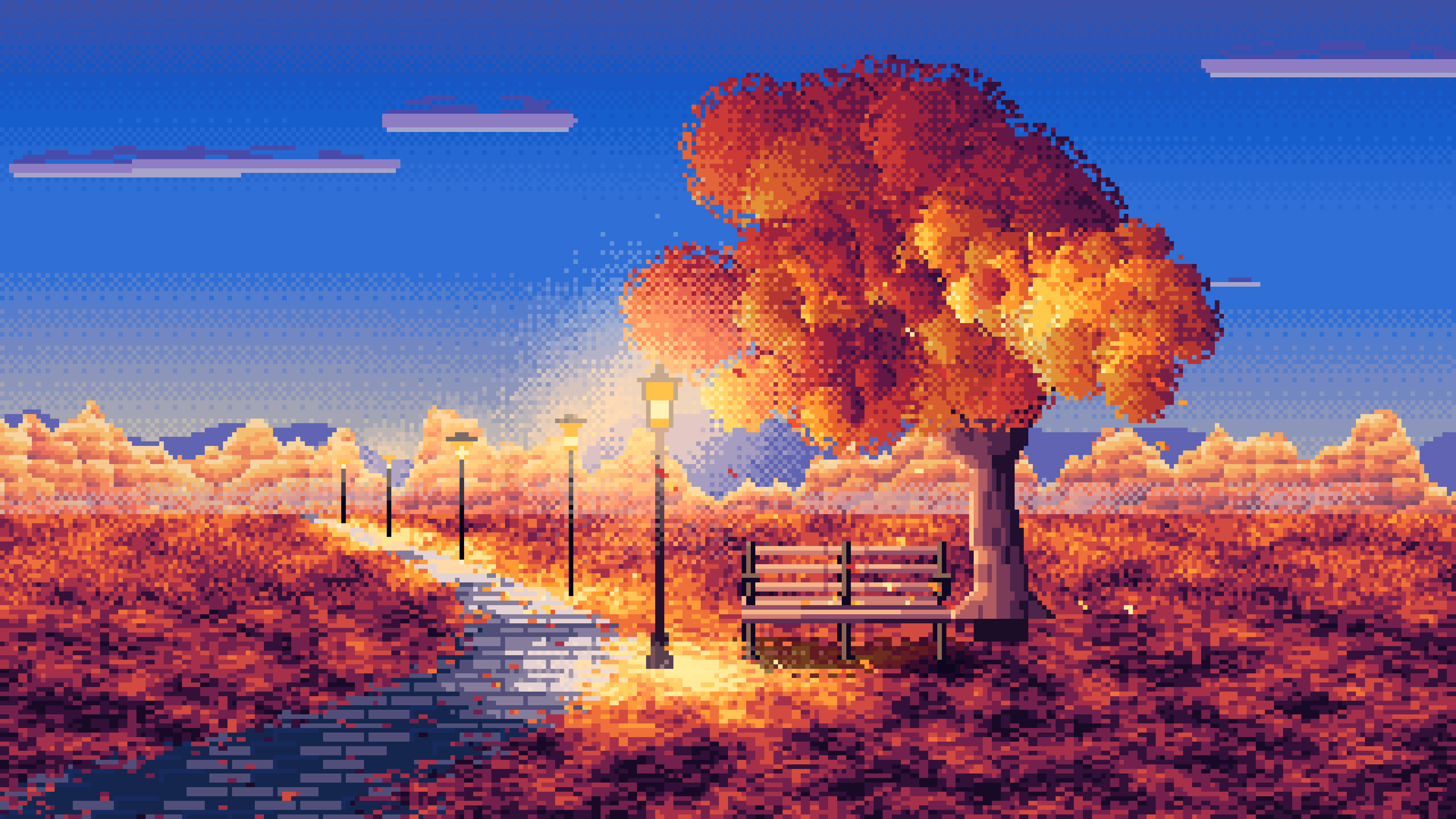 Blue Pixel Art Fall Park Bench desktop wallpaper in 4K