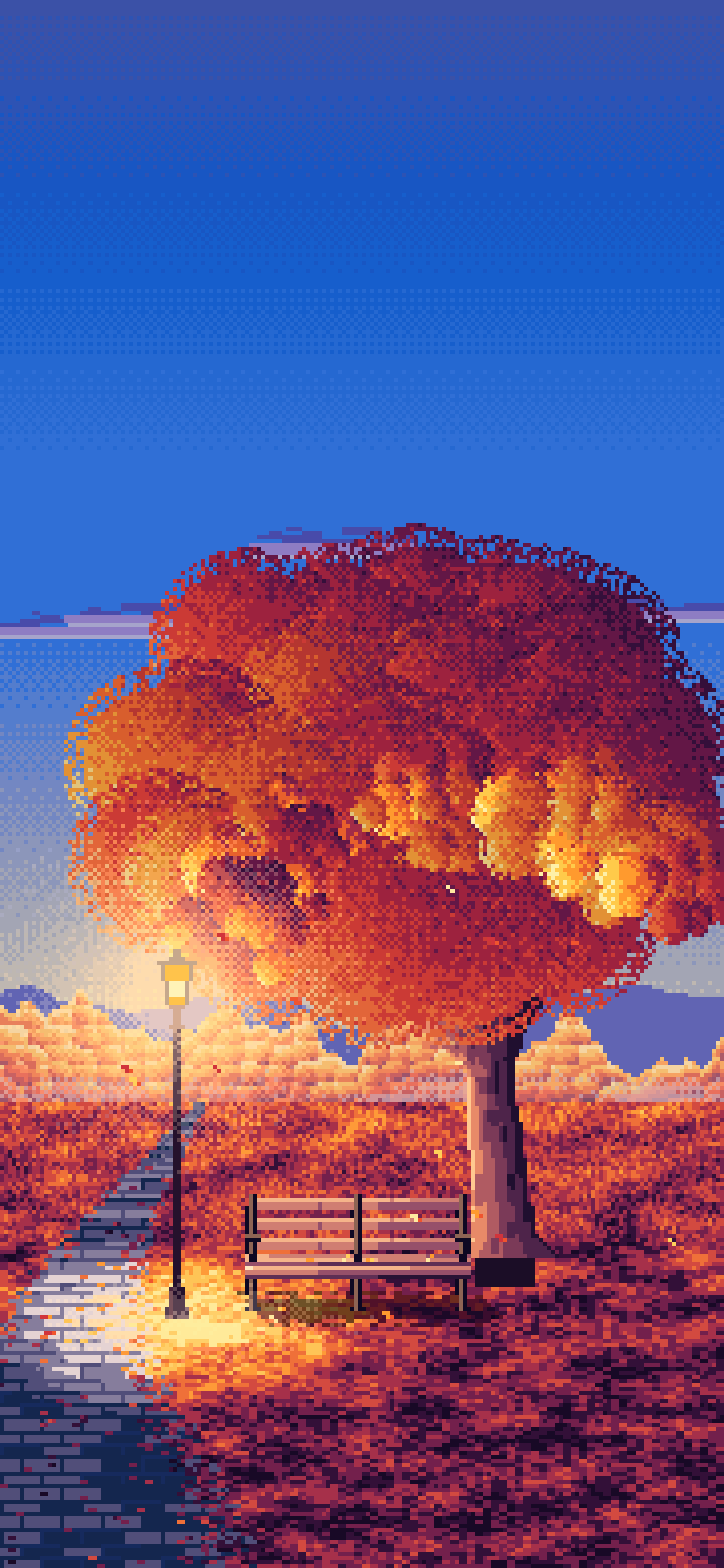 Blue Pixel Art Fall Park Bench wallpaper for iPhone and Android