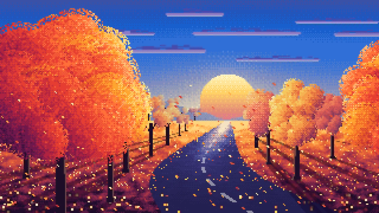 Blue Pixel Art Fall Road at Sunset desktop wallpaper in 4K