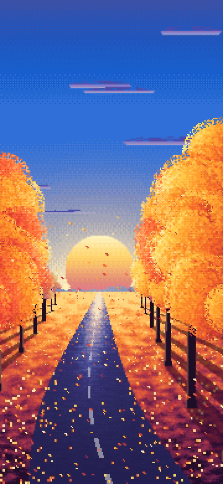 Blue Pixel Art Fall Road at Sunset wallpaper for iPhone and Android