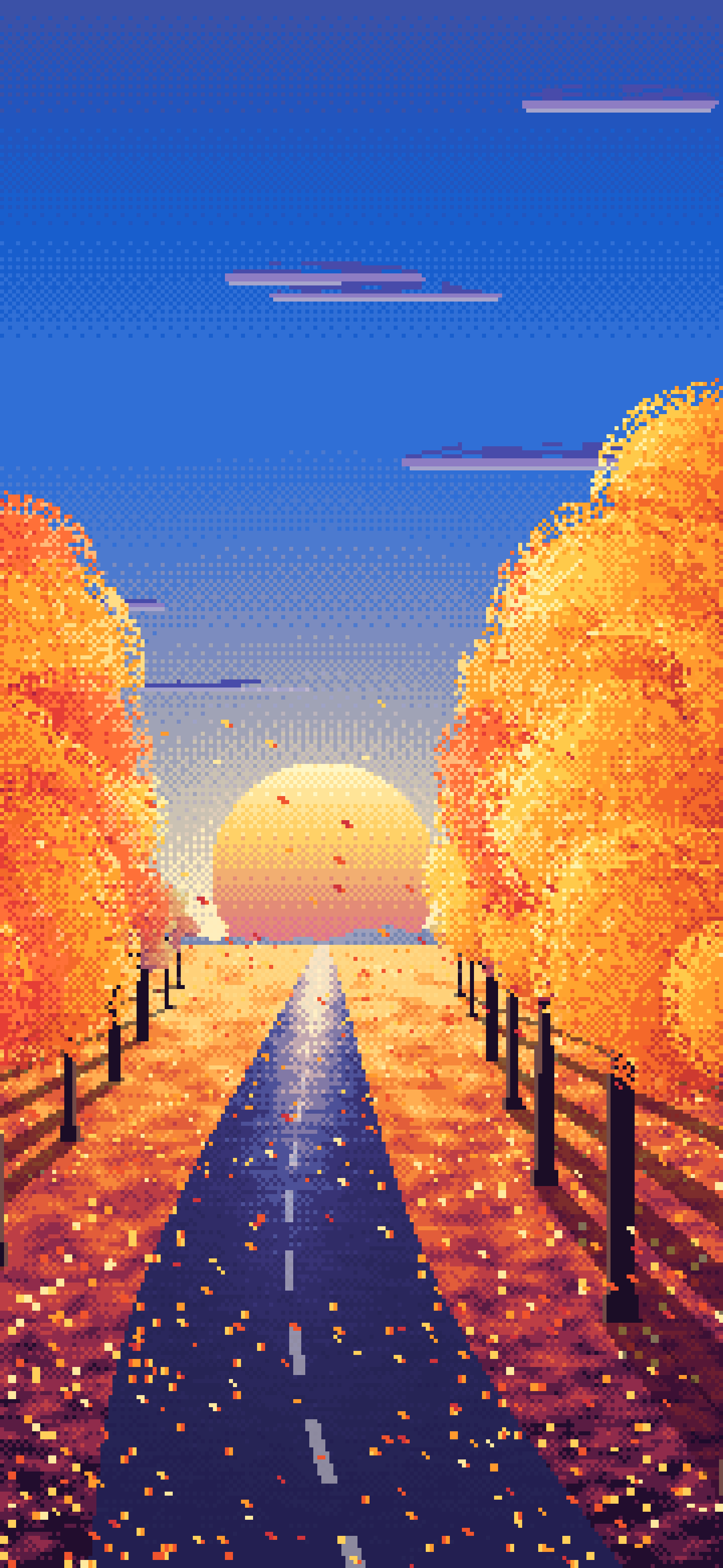 Blue Pixel Art Fall Road at Sunset wallpaper for iPhone and Android
