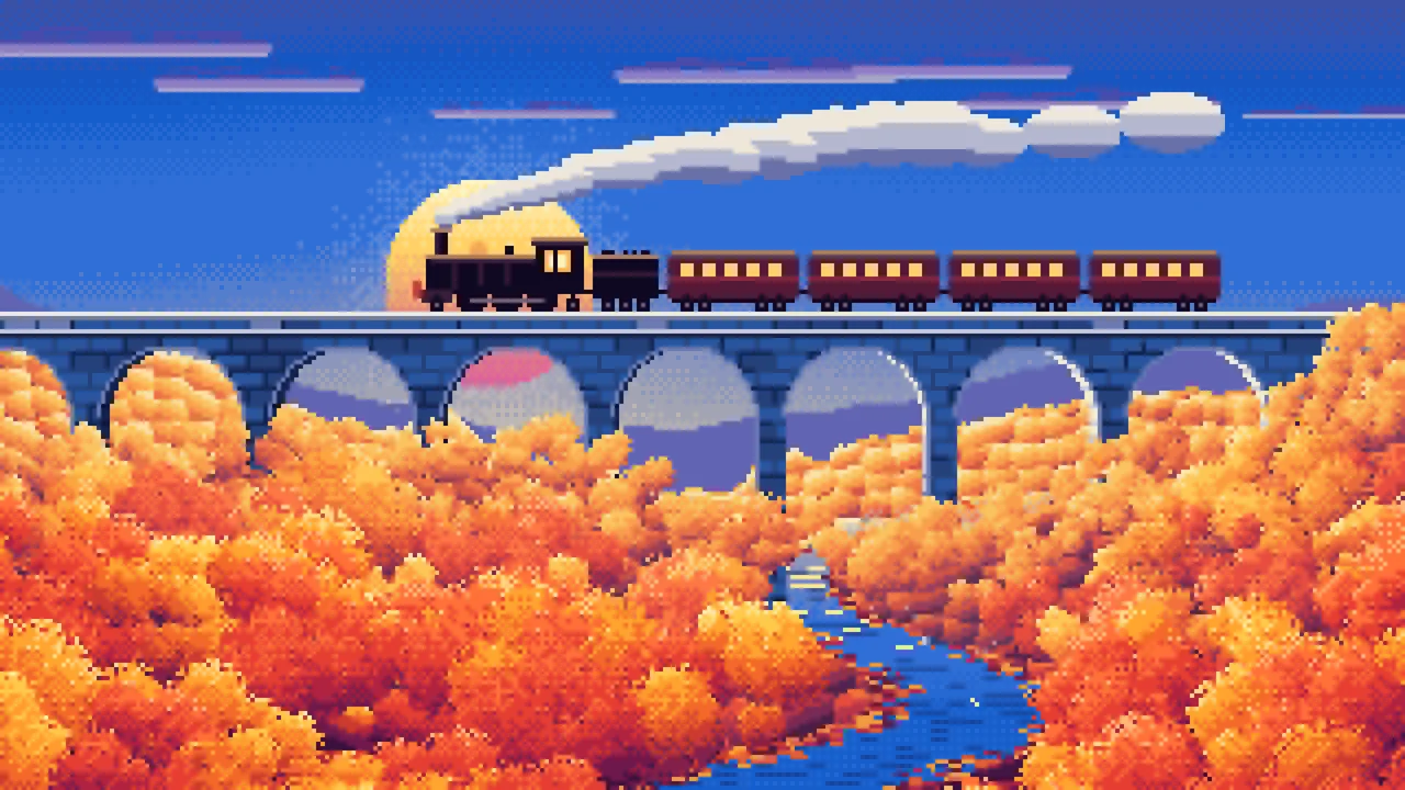 Blue Pixel Art Fall Steam Train on a Viaduct desktop wallpaper in 4K