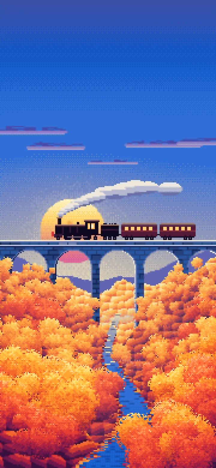 Blue Pixel Art Fall Steam Train on a Viaduct wallpaper for iPhone and Android