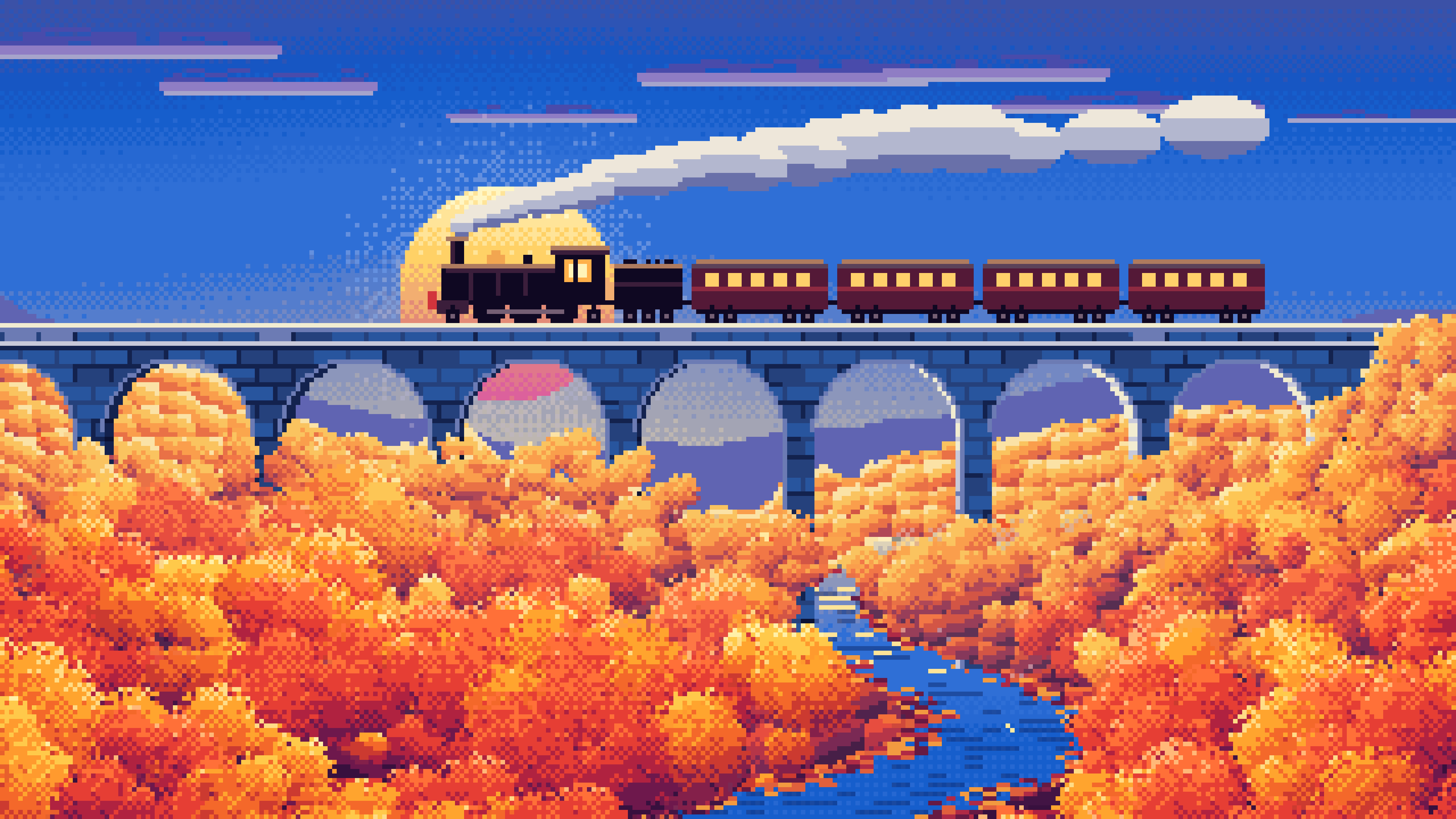 Blue Pixel Art Fall Steam Train on a Viaduct desktop wallpaper in 4K