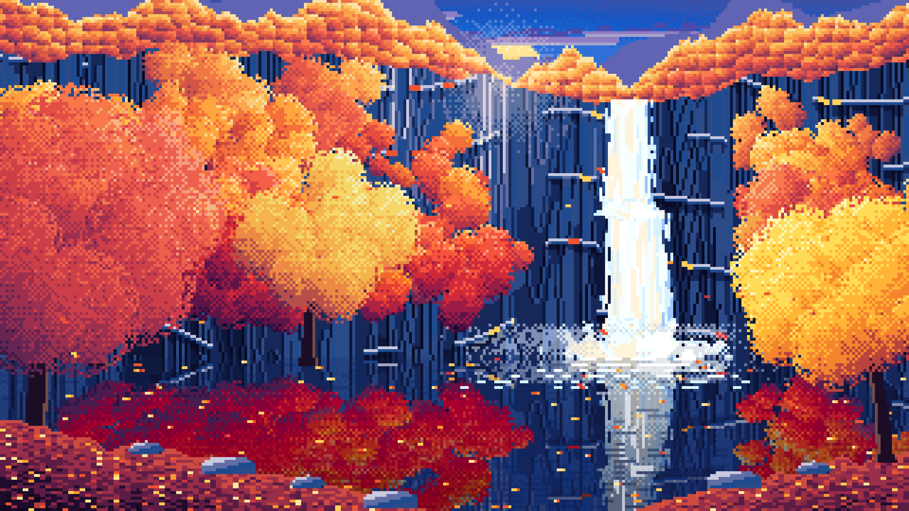 Blue Pixel Art Fall Waterfall desktop wallpaper in 4K
