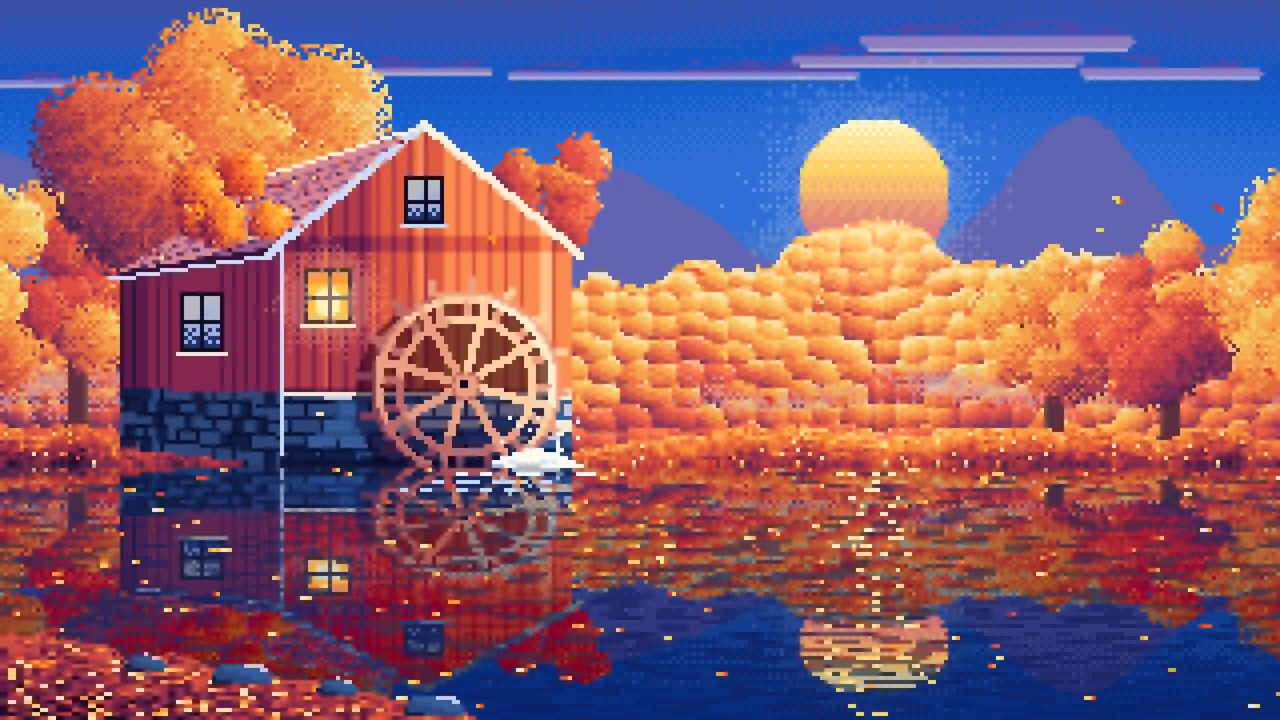 Blue Pixel Art Fall Watermill by a Stream desktop wallpaper in 4K