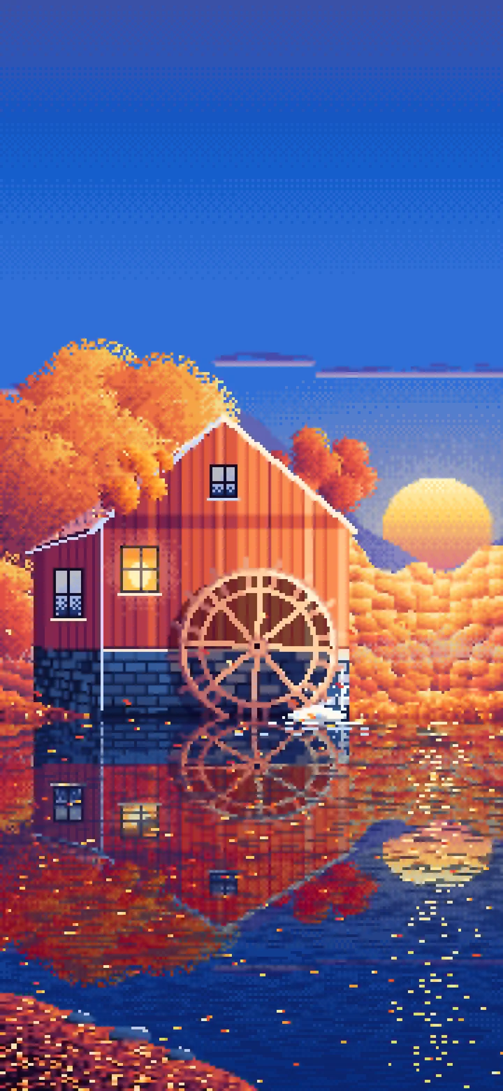 Blue Pixel Art Fall Watermill by a Stream wallpaper for iPhone and Android