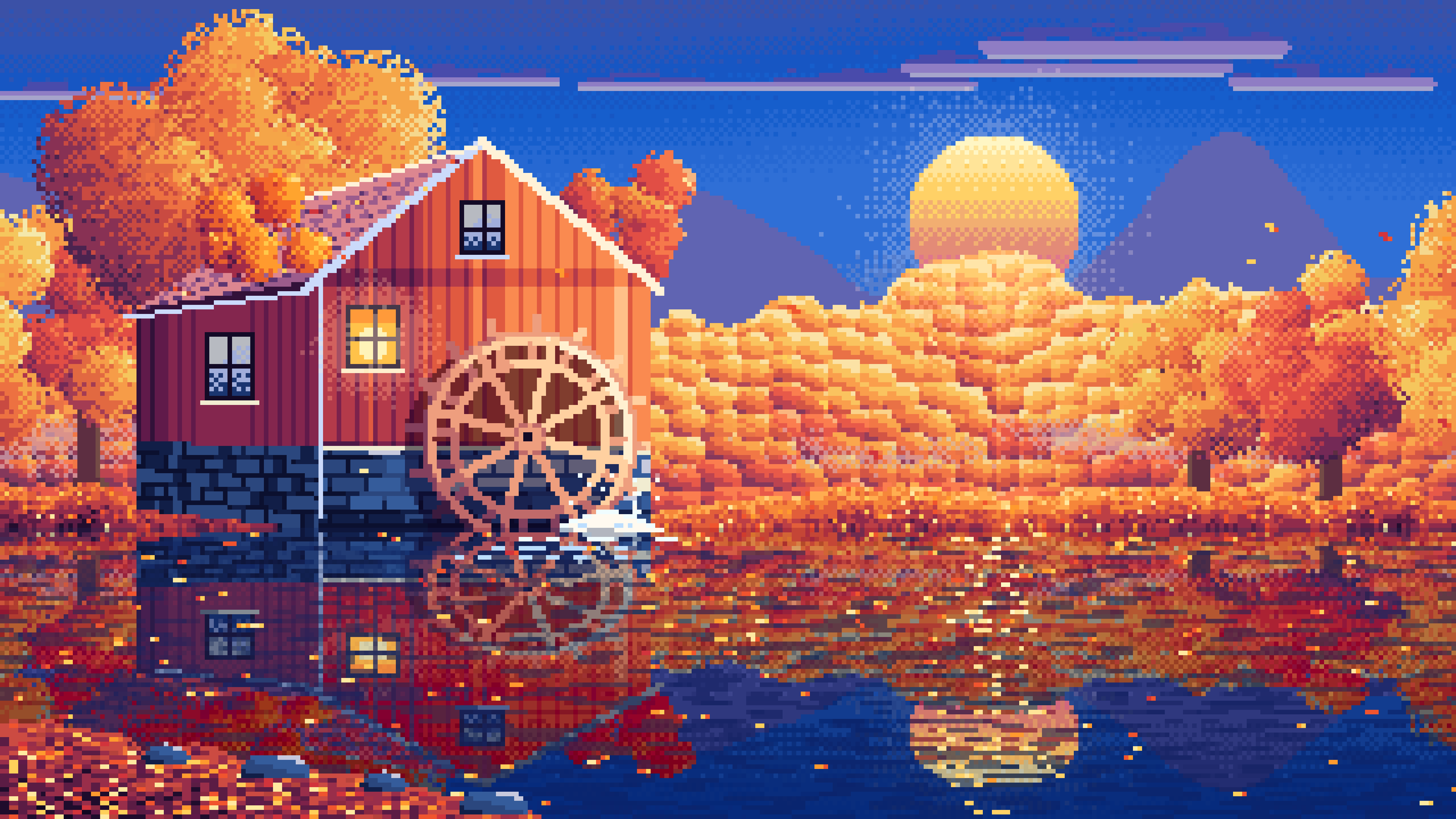 Blue Pixel Art Fall Watermill by a Stream desktop wallpaper in 4K