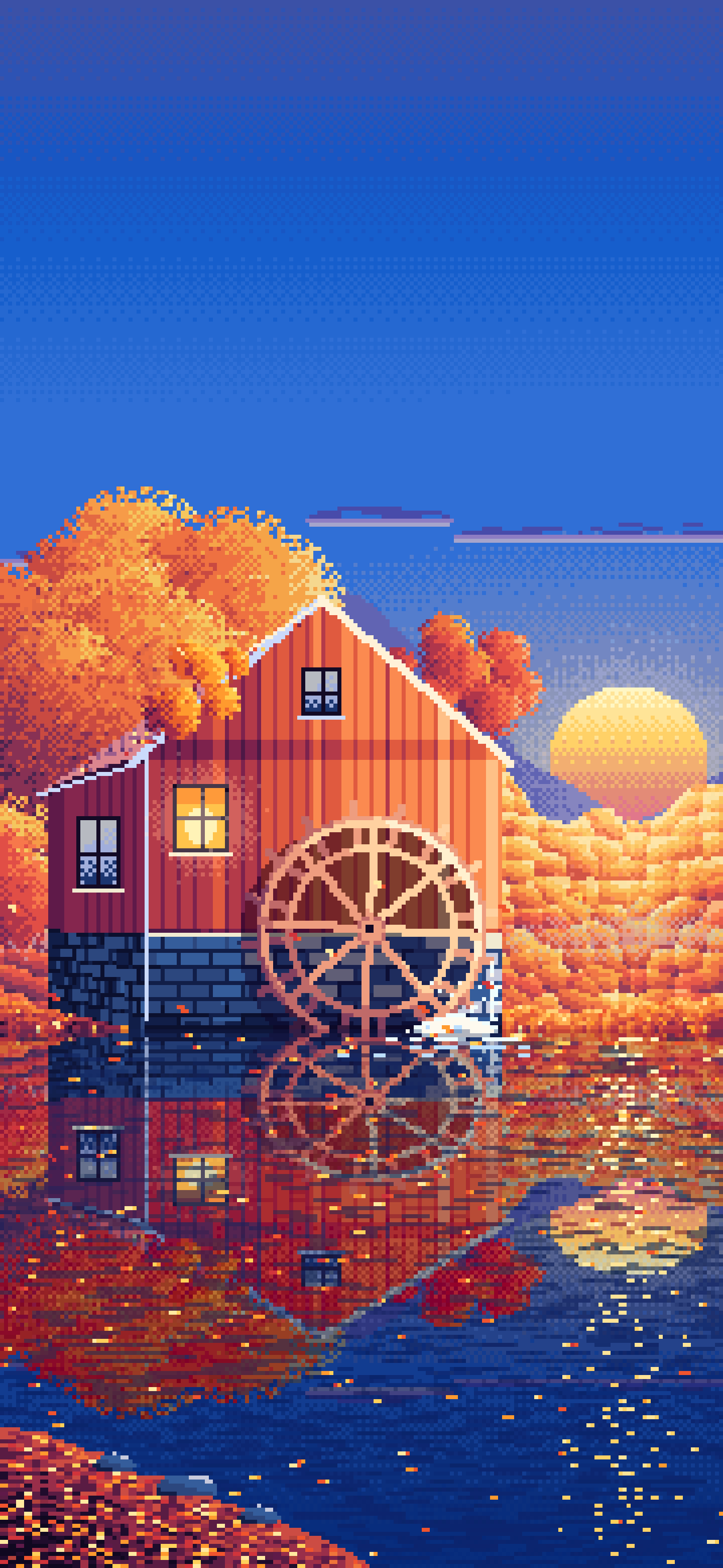 Blue Pixel Art Fall Watermill by a Stream wallpaper for iPhone and Android