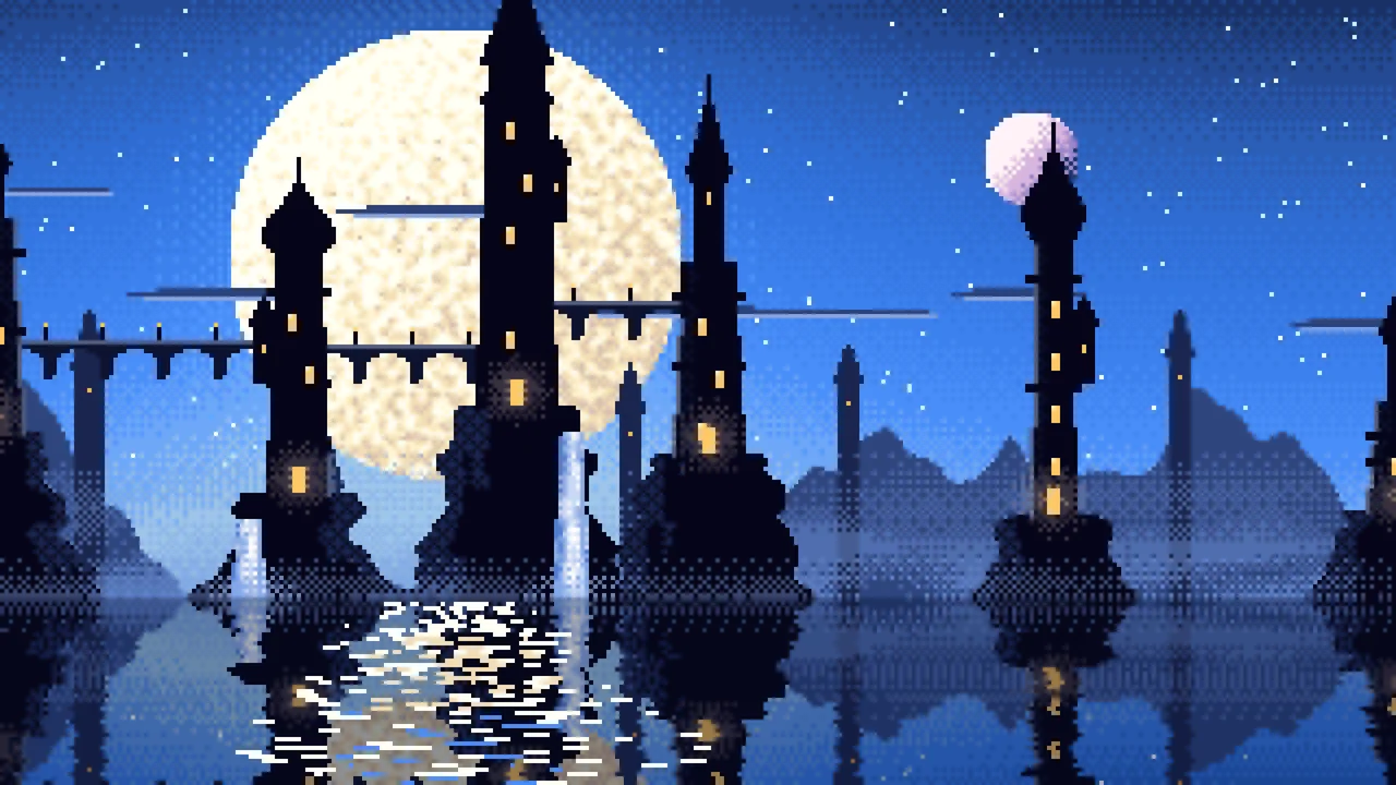 Blue Pixel Art Fantasy City desktop wallpaper in 4K