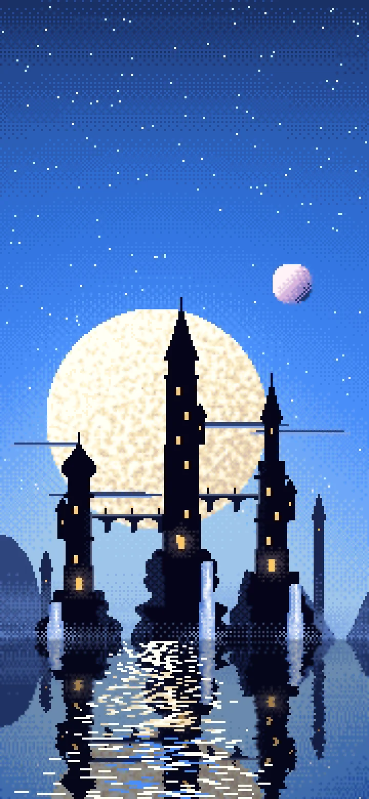 Blue Pixel Art Fantasy City wallpaper for iPhone and Android