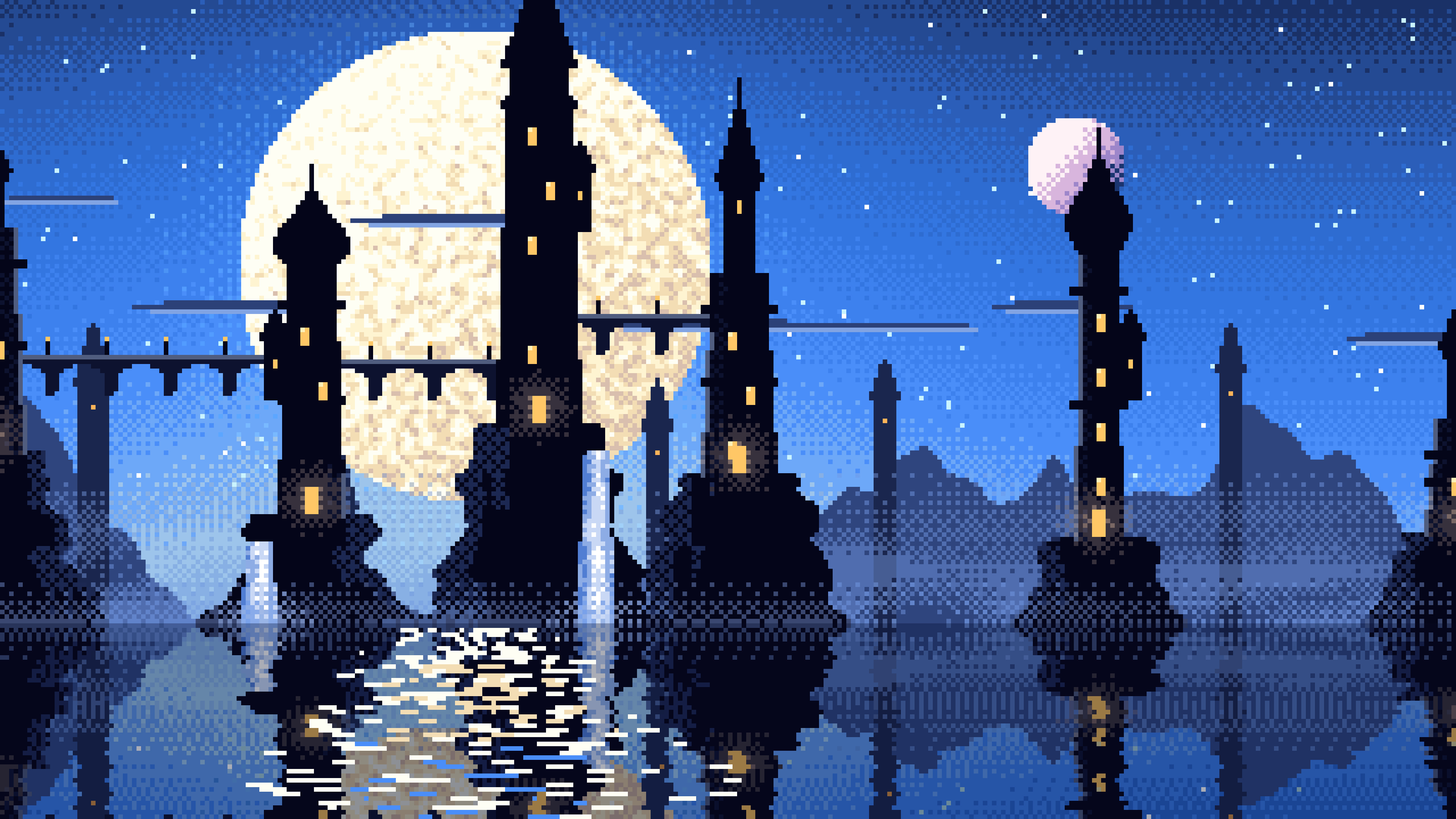Blue Pixel Art Fantasy City desktop wallpaper in 4K