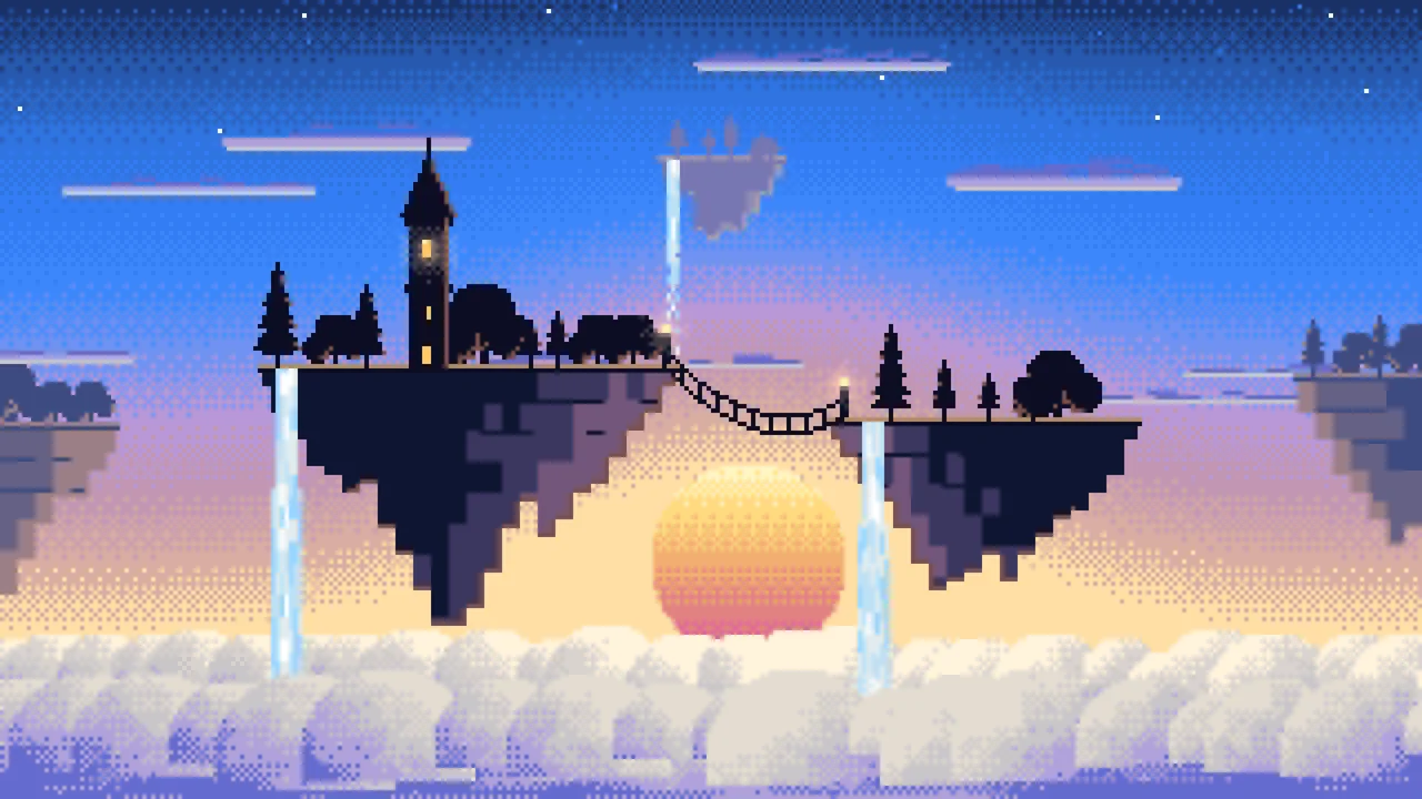 Blue Pixel Art Fantasy Floating Islands at Sunset desktop wallpaper in 4K