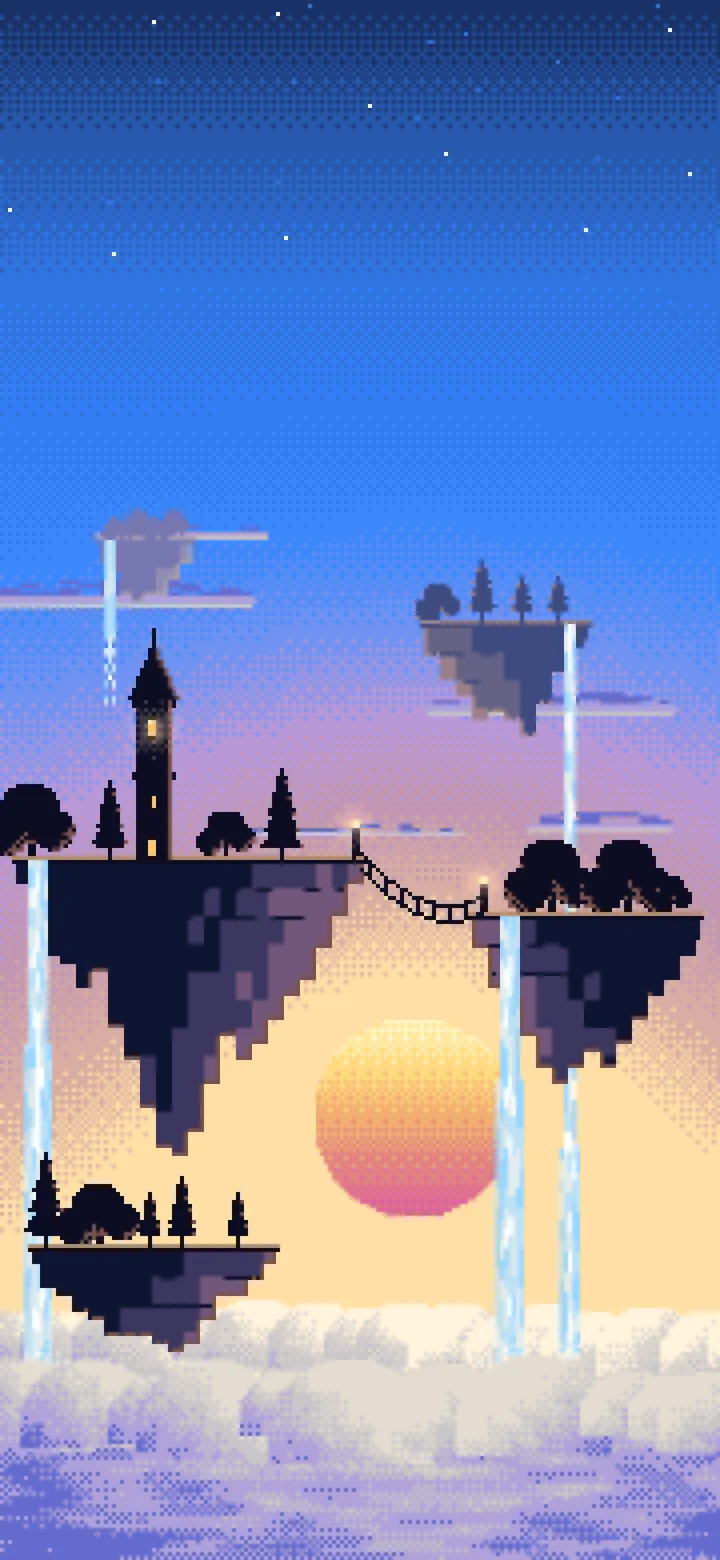 Blue Pixel Art Fantasy Floating Islands at Sunset wallpaper for iPhone and Android
