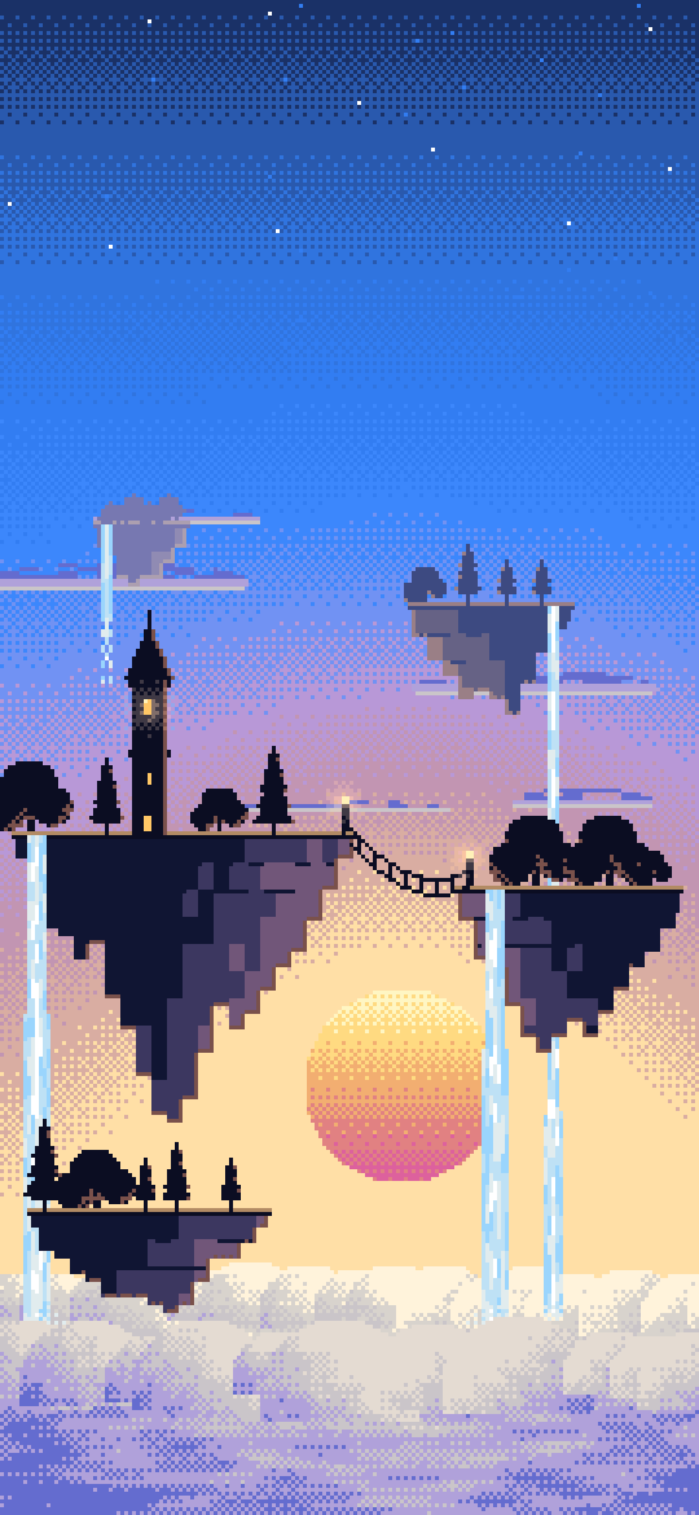 Blue Pixel Art Fantasy Floating Islands at Sunset wallpaper for iPhone and Android