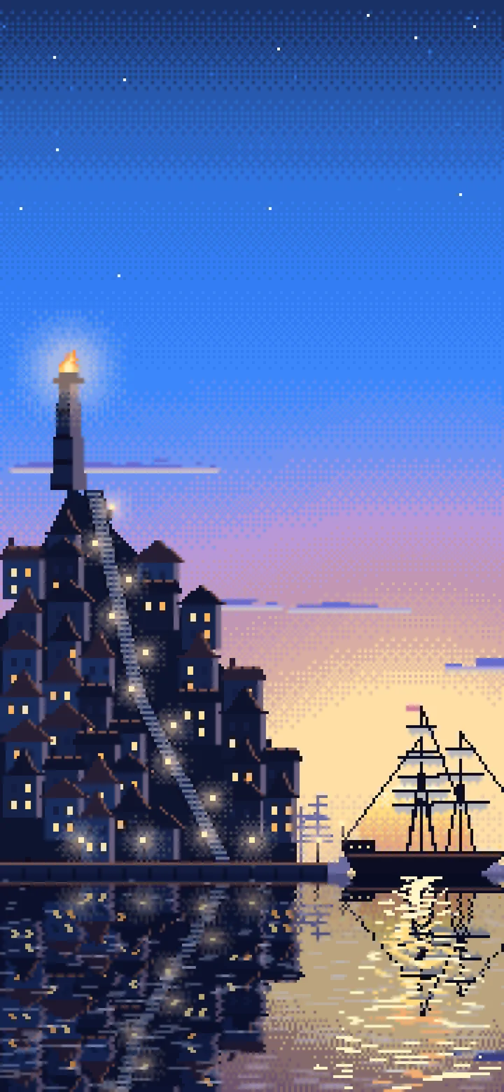 Blue Pixel Art Fantasy Harbor Town at Dusk wallpaper for iPhone and Android