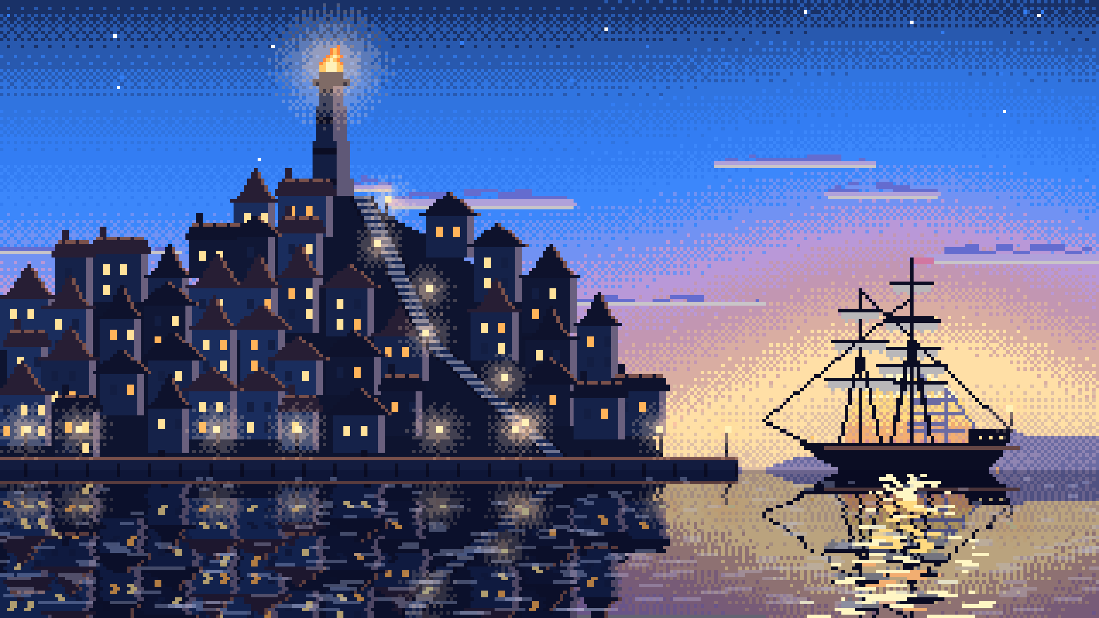 Blue Pixel Art Fantasy Harbor Town at Dusk desktop wallpaper in 4K