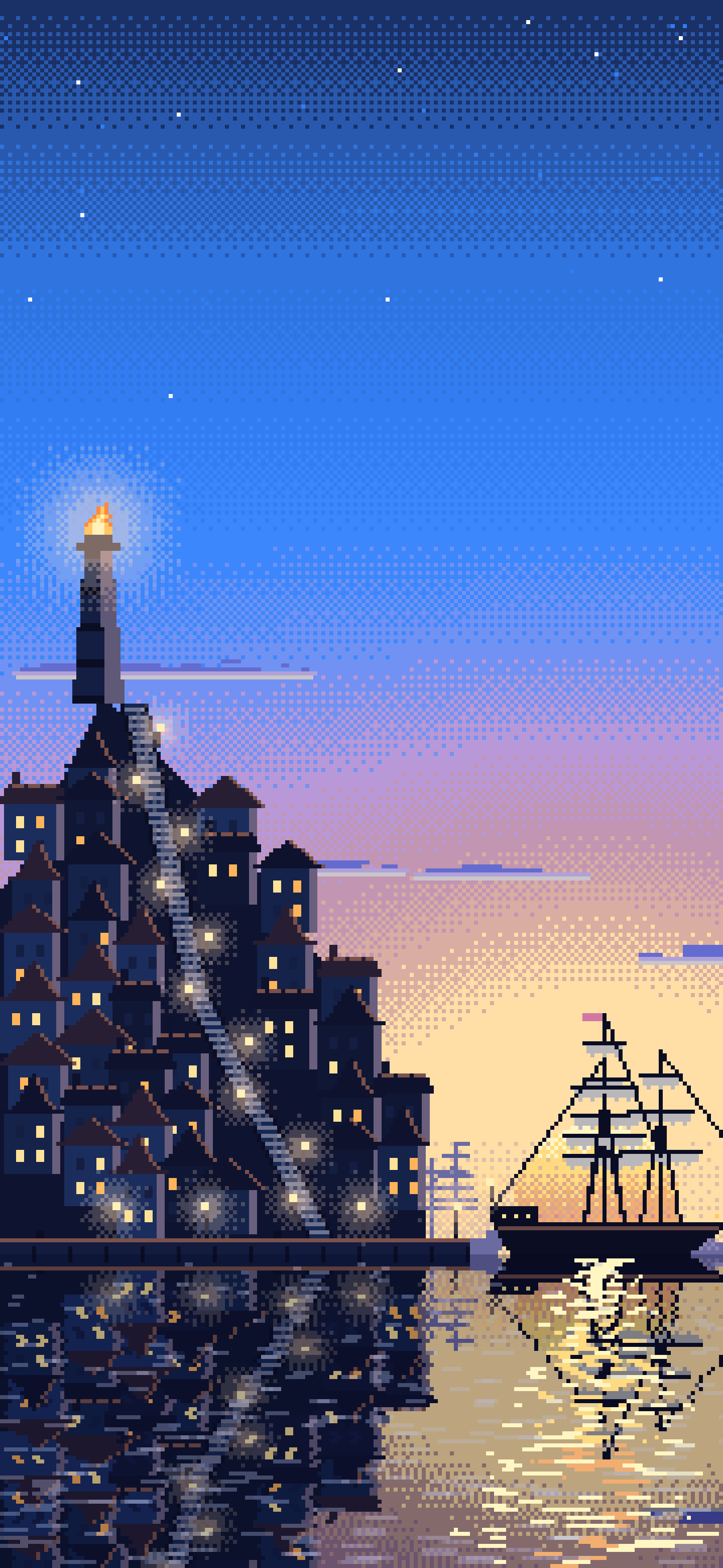 Blue Pixel Art Fantasy Harbor Town at Dusk wallpaper for iPhone and Android
